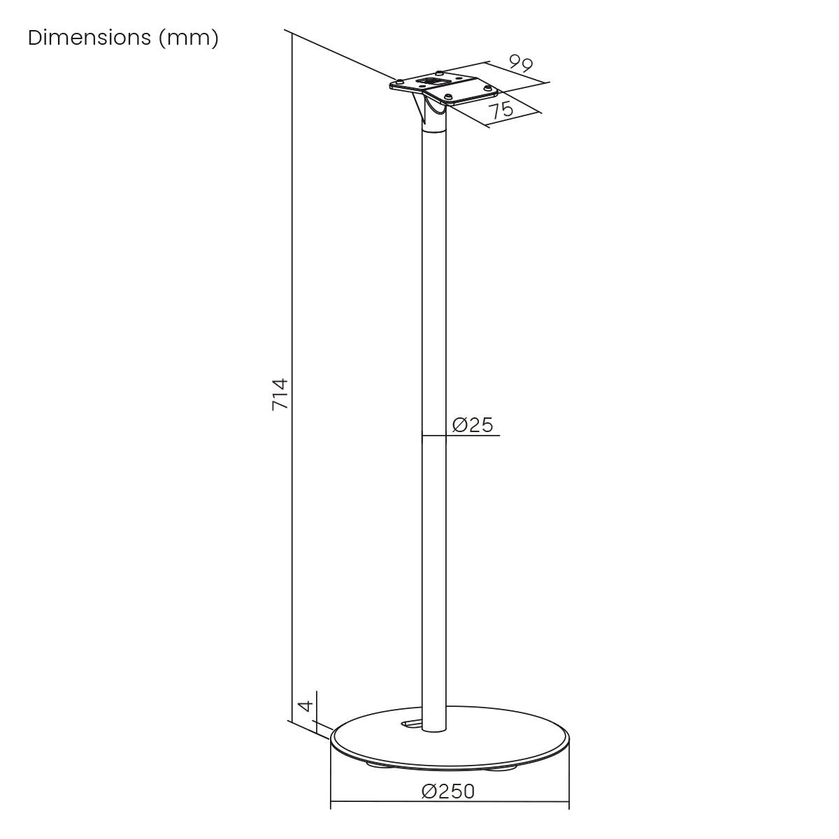 Technický výkres stojanu se základním průměrem 250 mm, výškou 714 mm, rozměry desky 90 x 75 mm.