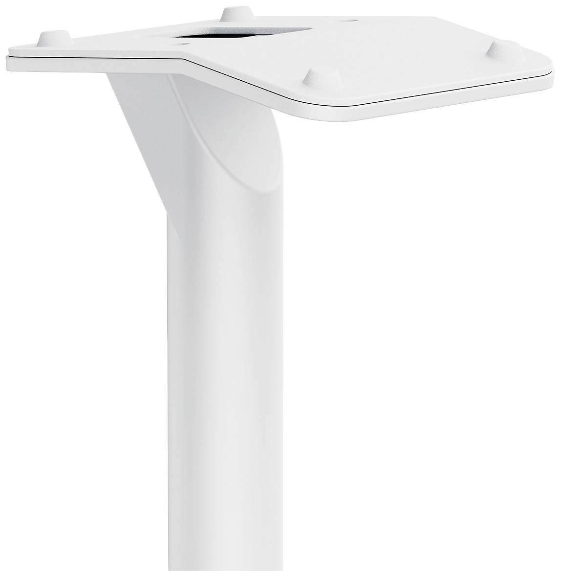 Bílý kovový stojan s úhlovou platformou. Vhodný pro upevnění zařízení nebo displejů. Minimalistický design.