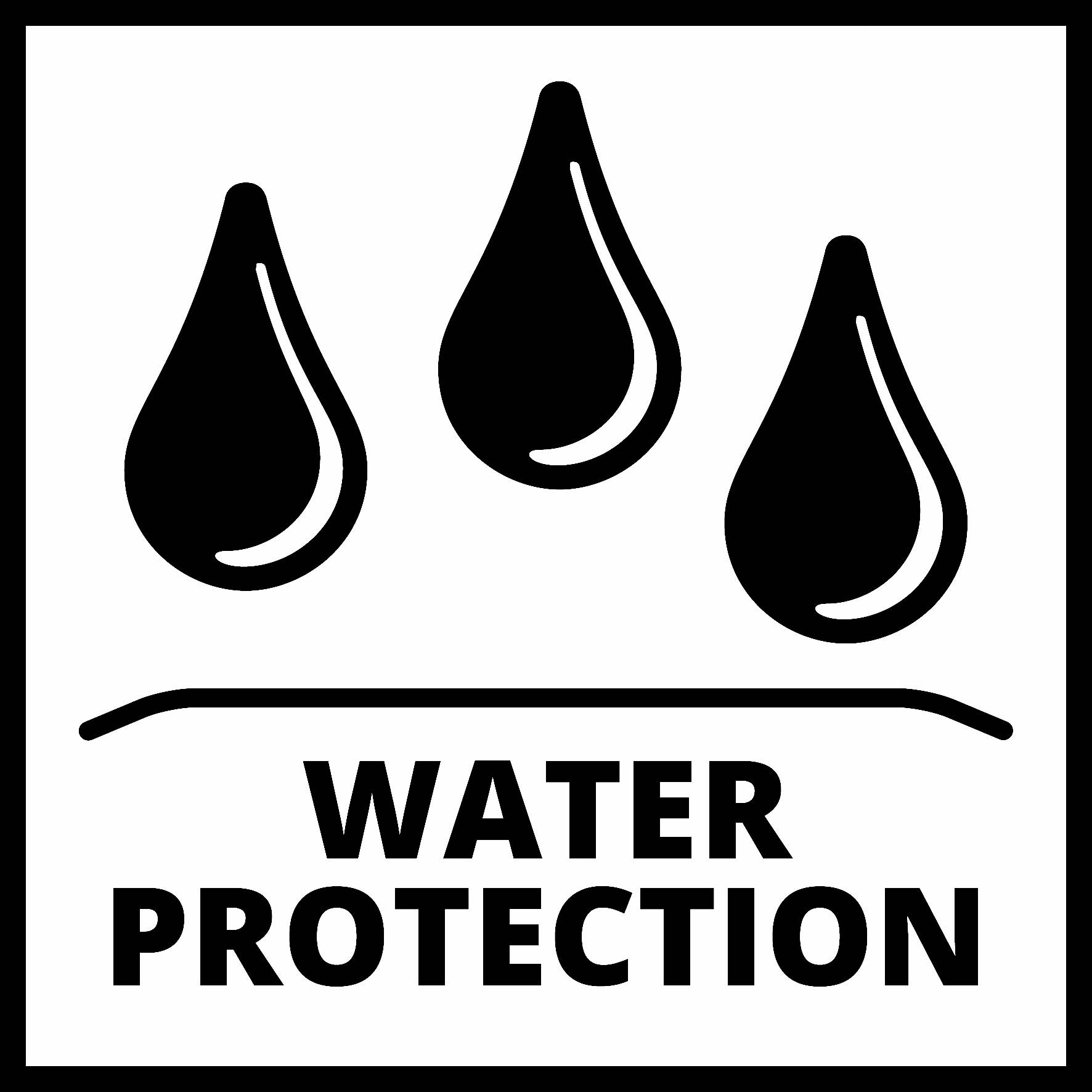 Tři vodní kapky nad nápisem 'Water Protection' symbolizují ochranu před vodou nebo vodotěsnost.