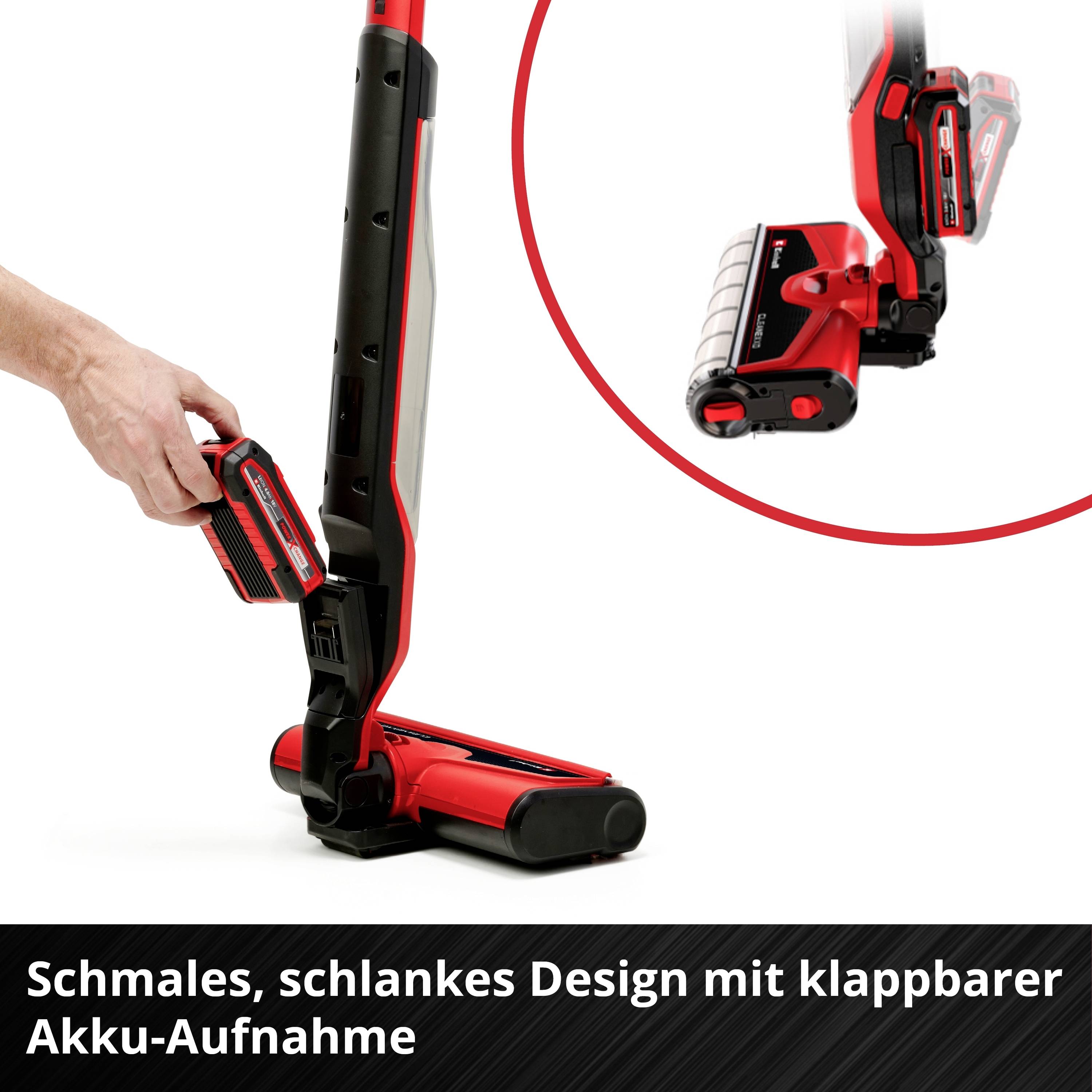 Akumulátorový šroubovák s sklopným držákem baterie pro prostorově úsporný design. Červené a černé zařízení s ergonomickou rukojetí.