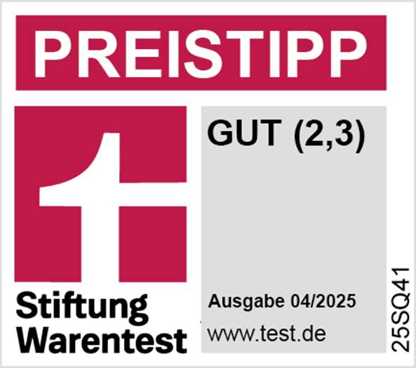 'Preistipp', logo Stiftung Warentest s hodnocením 'Dobré (2,3)', vydání 04/2025, webové stránky test.de.