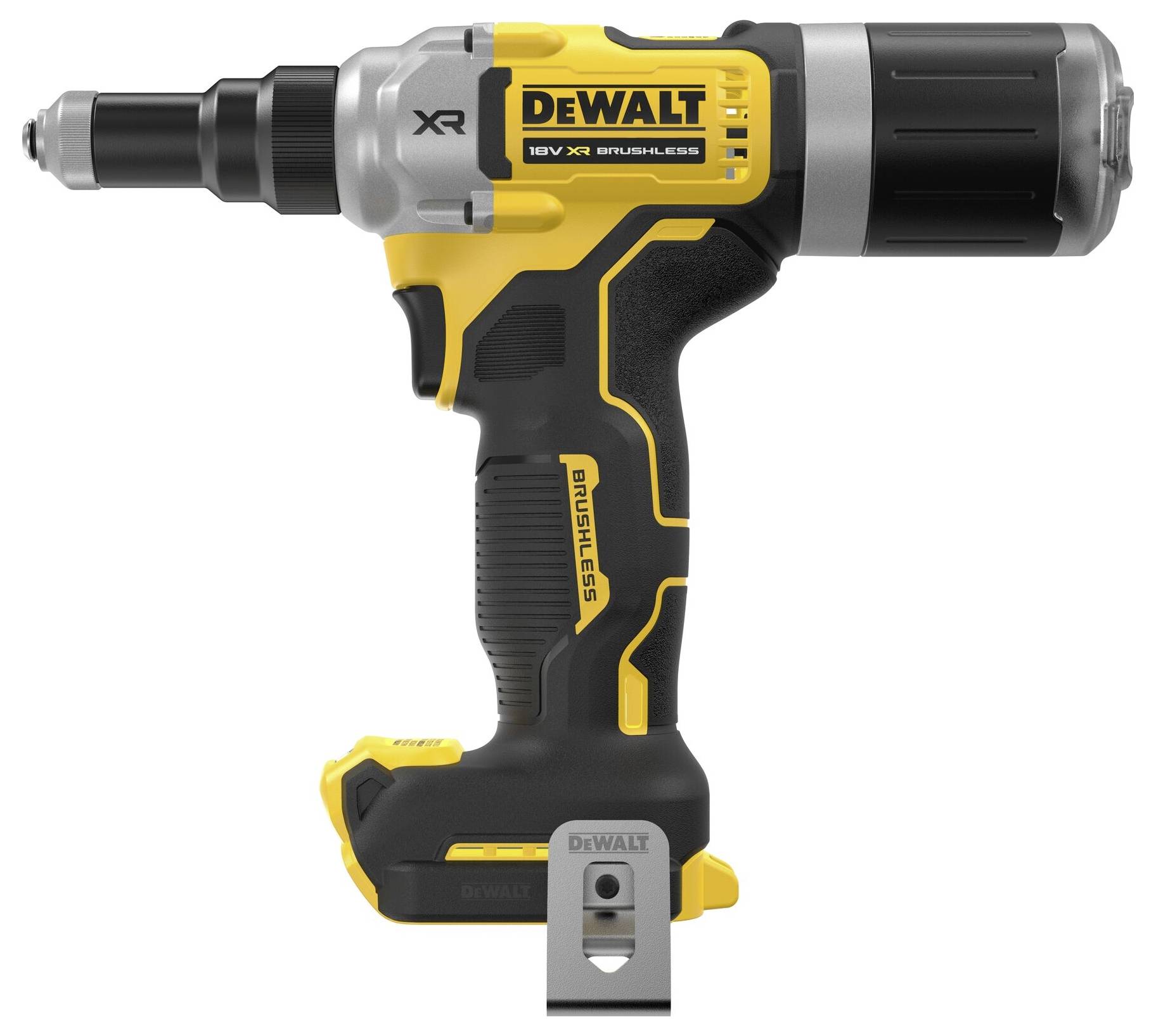 Akumulátorový rázový utahovák Dewalt v černo-žluté barvě s ergonomickou rukojetí a kompaktní konstrukcí.