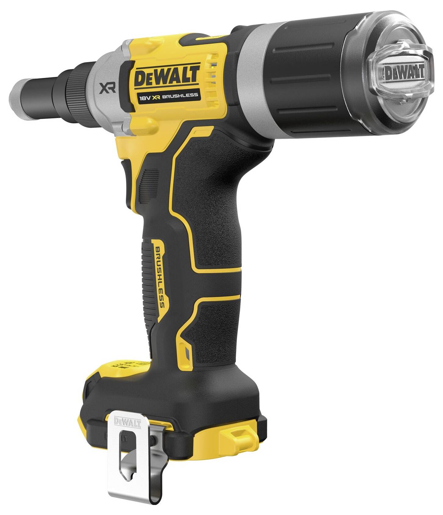 Akumulátorový vrtací šroubovák v černé a žluté barvě se stříbrným nástavcem, označený jako 'DeWalt XR Brushless 18V'.