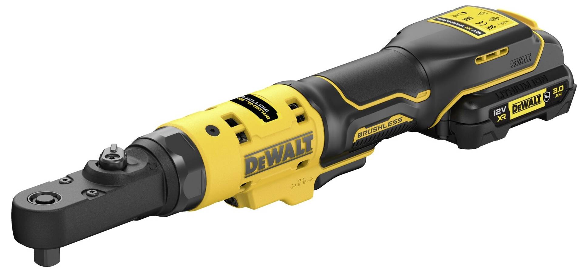 Akumulátorový šroubovák DeWalt s černo-žlutým designem. Hlava nástroje vlevo, rukojeť vpravo. Zařízení pro všestranné použití.