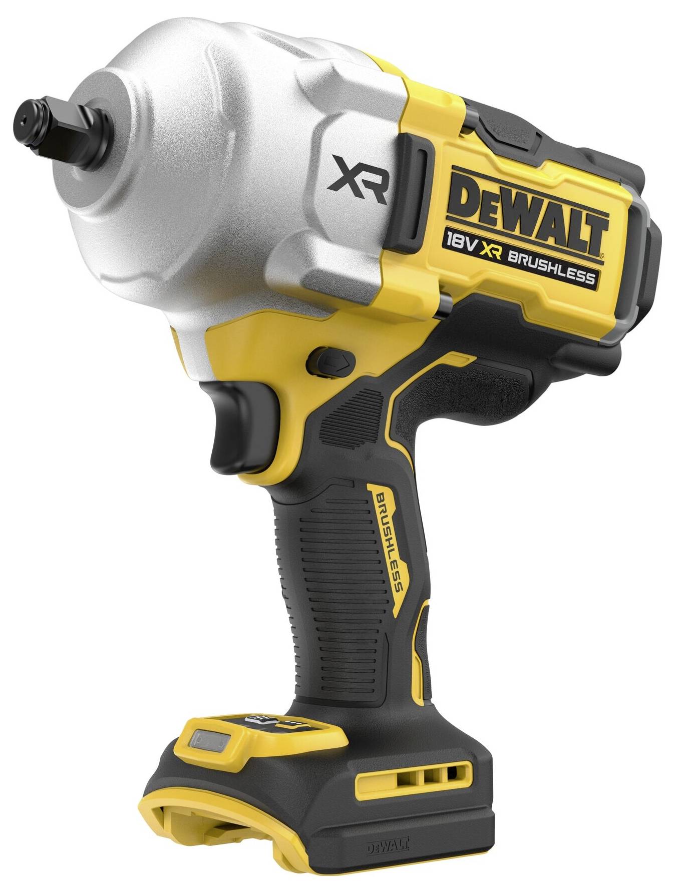 Akumulátorový rázový šroubovák v černo-žluté barvě s nápisem 'DeWalt XR Brushless 18V'. Vysoce kvalitní zařízení pro šroubovací práce.