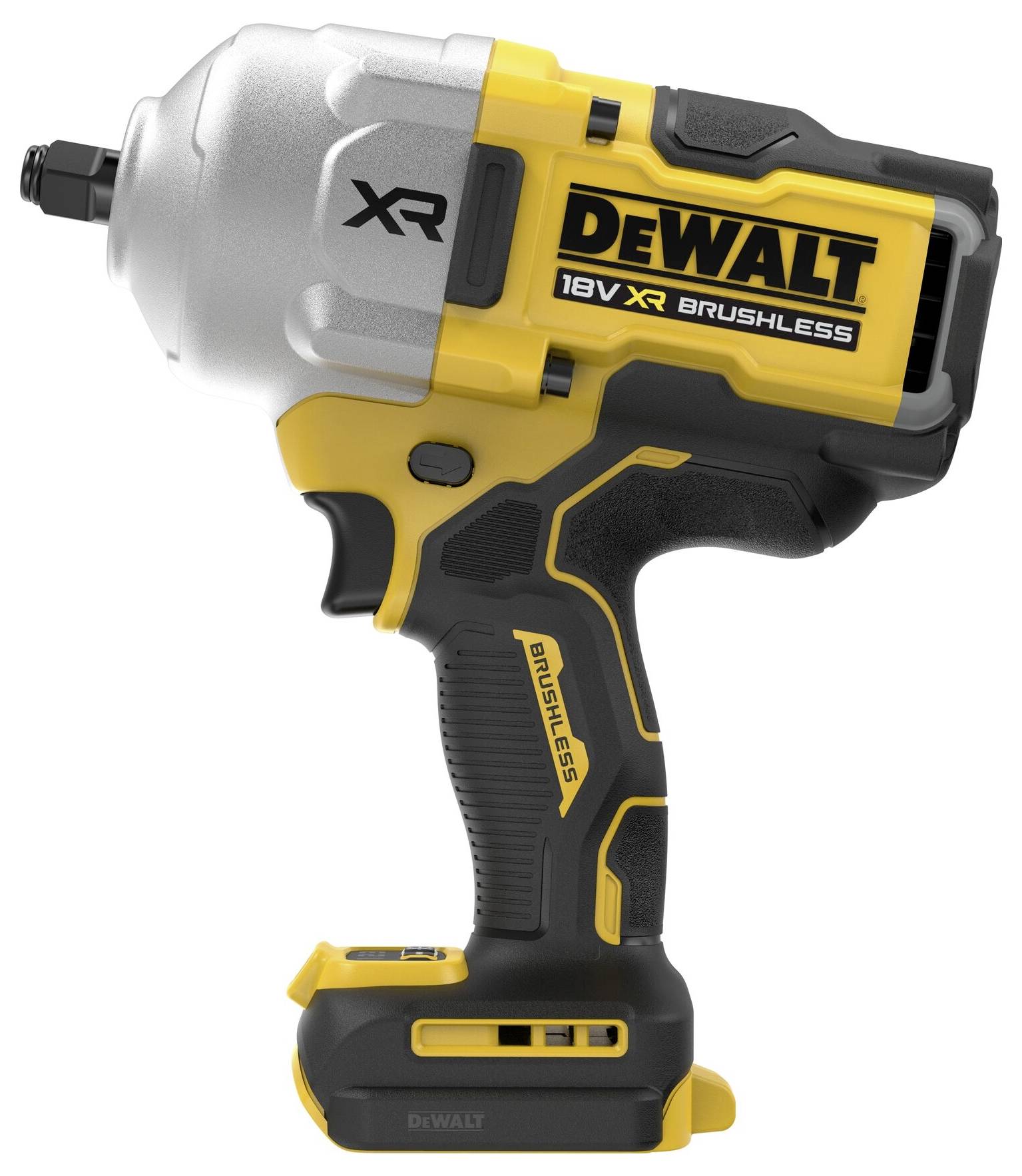 Akumulátorový rázový utahovák DeWalt, model XR 18V, s bezkartáčovou technologií, v designu především žluté a černé barvy, vhodný pro domácí kutily a stavební práce.