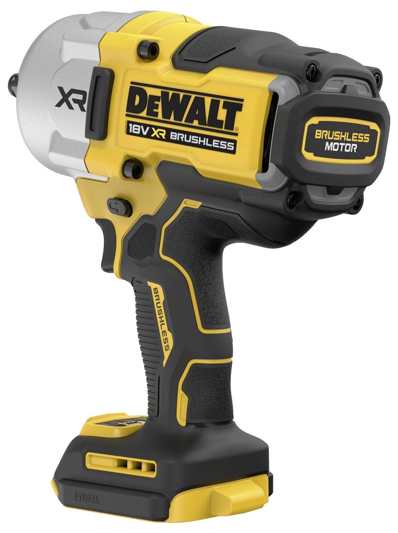 Akumulátorový rázový utahovák v žluté a černé barvě, značky 'DEWALT', s nápisem '18V XR Brushless' a 'Bezkartáčový motor'.