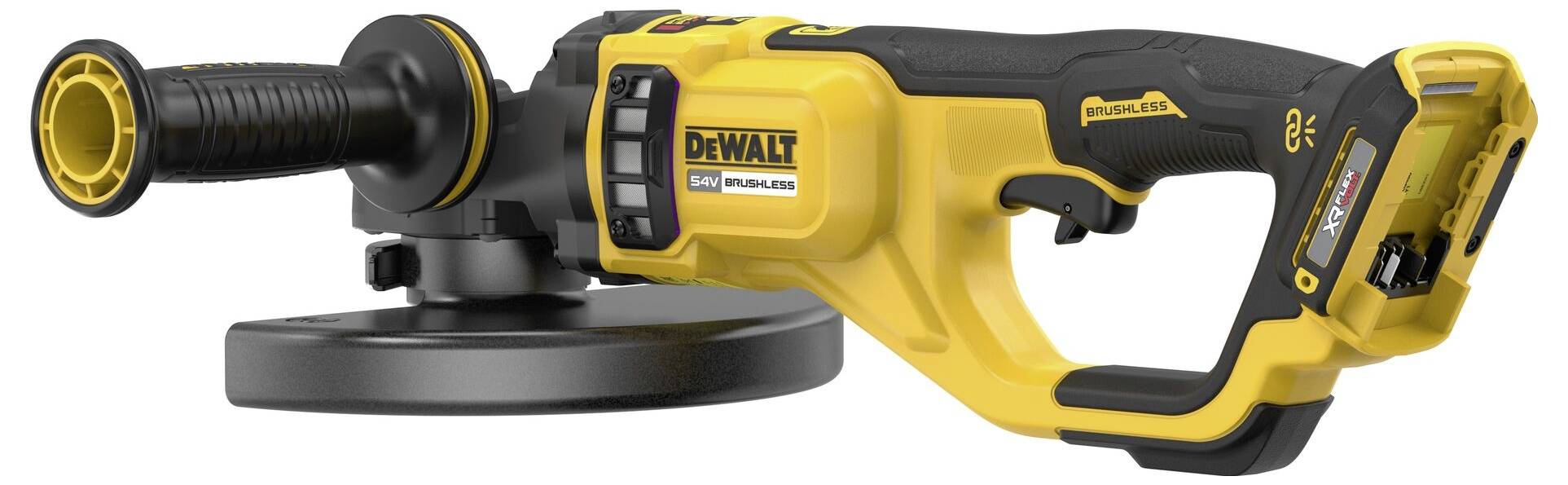 Bezdrátová úhlová bruska v černé a žluté barvě od DeWalt s ergonomickou rukojetí a držákem akumulátoru, vhodná pro stavební a DIY práce.