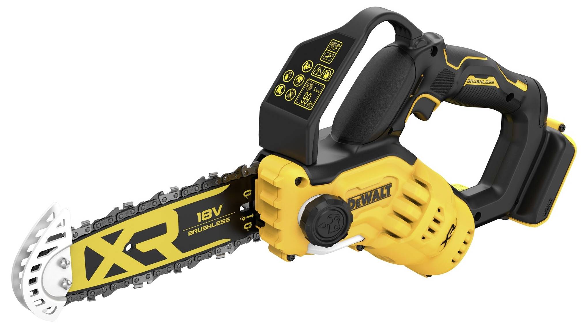 Žluto-černá akumulátorová mini řetězová pila DeWalt, model 18V XR, s ergonomickou rukojetí a bezpečnostním krytem.