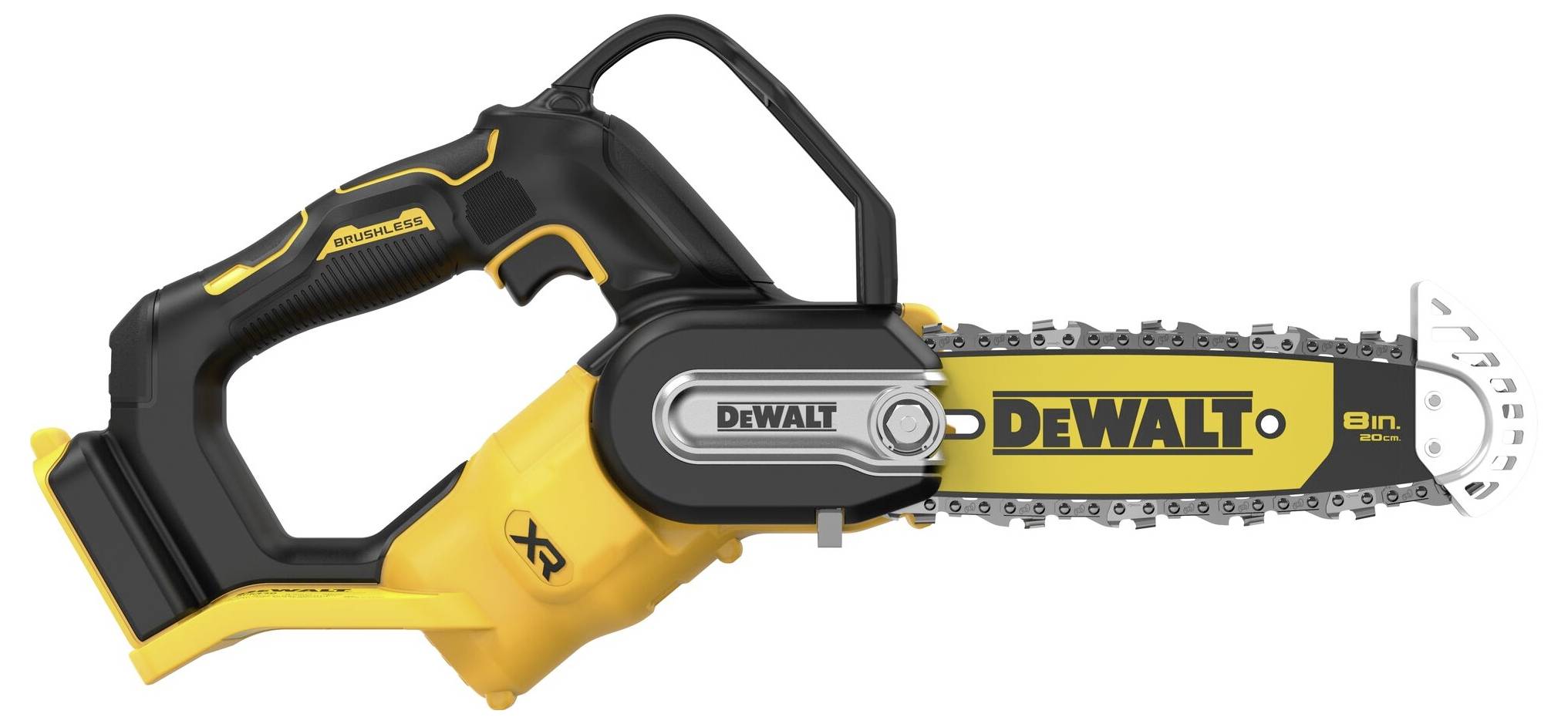 Akumulátorová řetězová pila značky DEWALT, model s 8palcovou délkou lišty, ergonomickou rukojetí a žlutým designem.