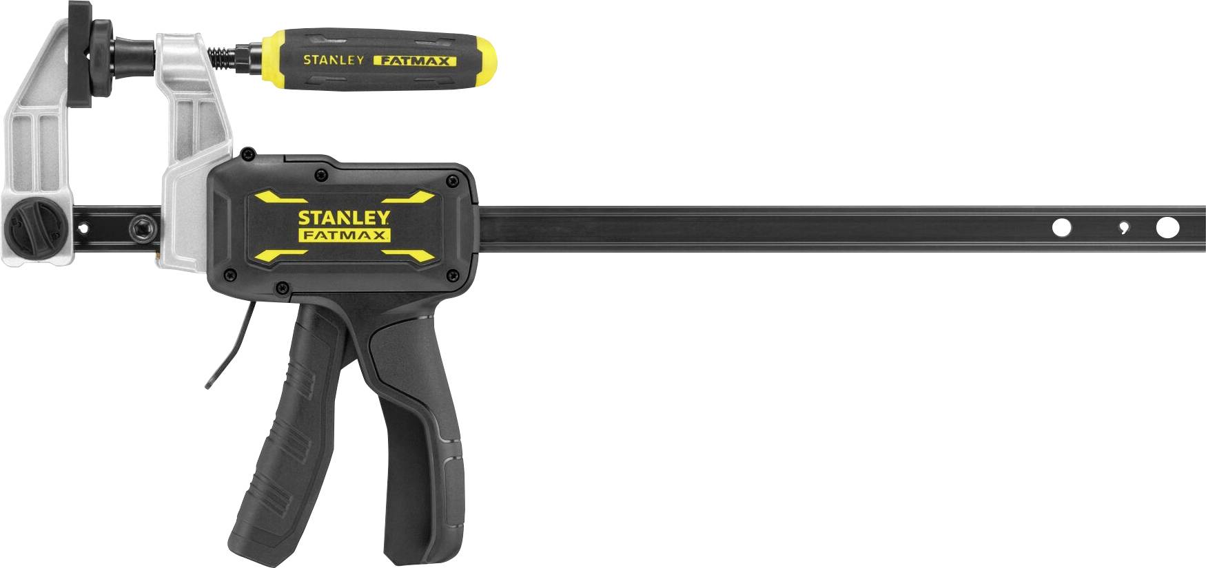 Svěrka se ergonomickými rukojeti a žlutými akcenty. Název značky 'Stanley Fatmax' je viditelný na černém těle.
