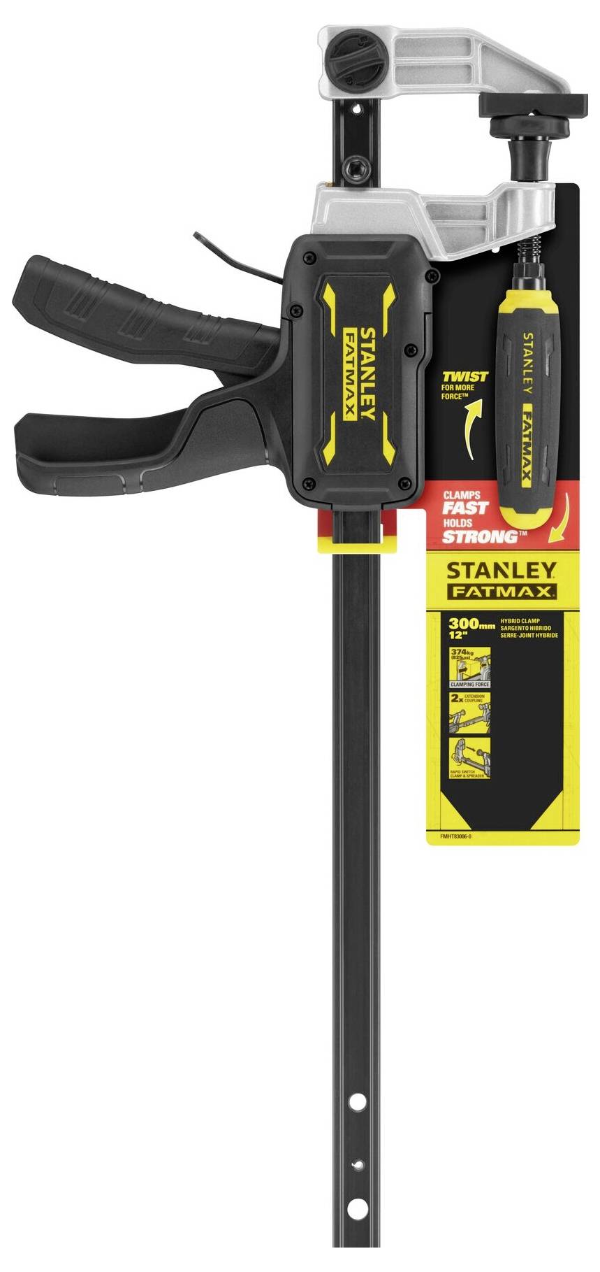 Svěrka Stanley Fatmax v balení, která ukazuje stabilní design s ergonomickou rukojetí a svěrnou silou 200 kg.