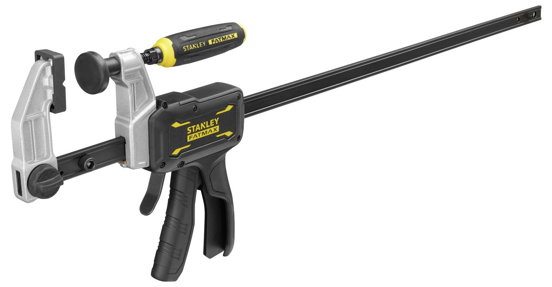 Černá jednoruční svěrka s žlutým logem Stanley a ergonomickou rukojetí. Používá se k upevnění materiálů při práci.