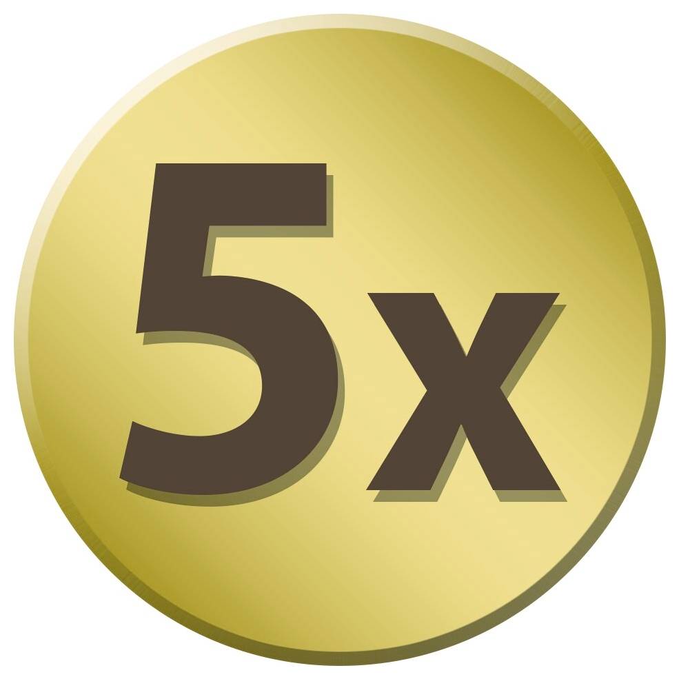 Zlatá kruhová odznáka s textem "5x" v tmavě hnědé barvě, která označuje pětinásobný násobitel nebo pětinásobné zvýšení.