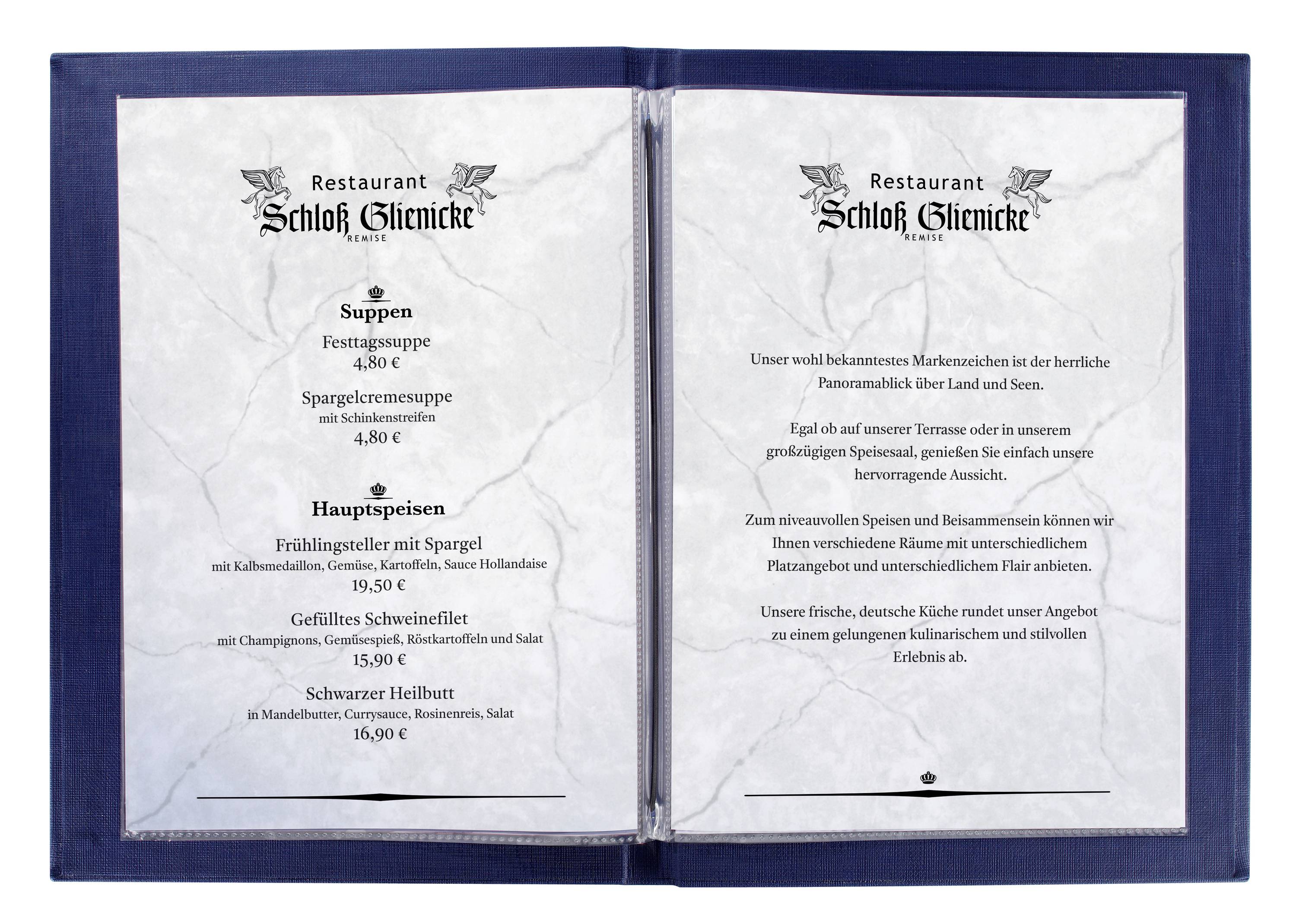 Jídelní lístek restaurace Zámek Glienicke. Vlevo: Polévky a hlavní chody, ceny mezi 4,80EUR a 15,90EUR. Vpravo: Uvítací text.