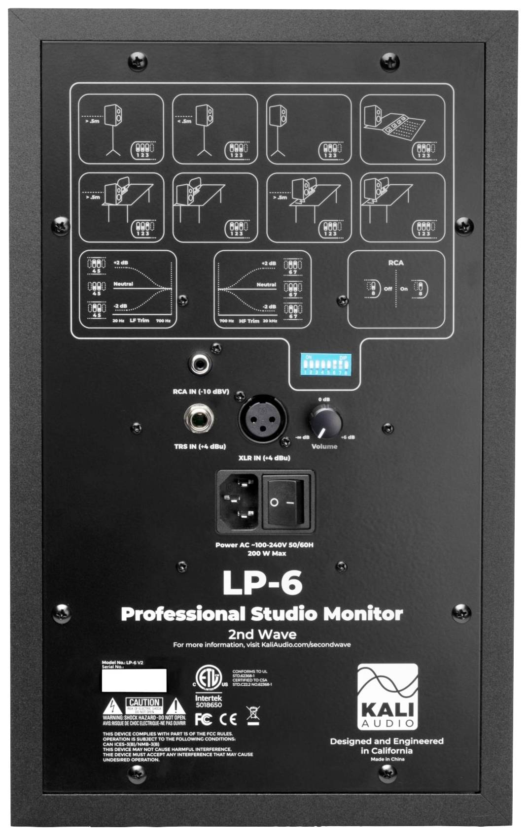 Zadní strana studiového monitoru s různými konektory a přepínači, včetně RCA a XLR. Nahoře diagramy použití.