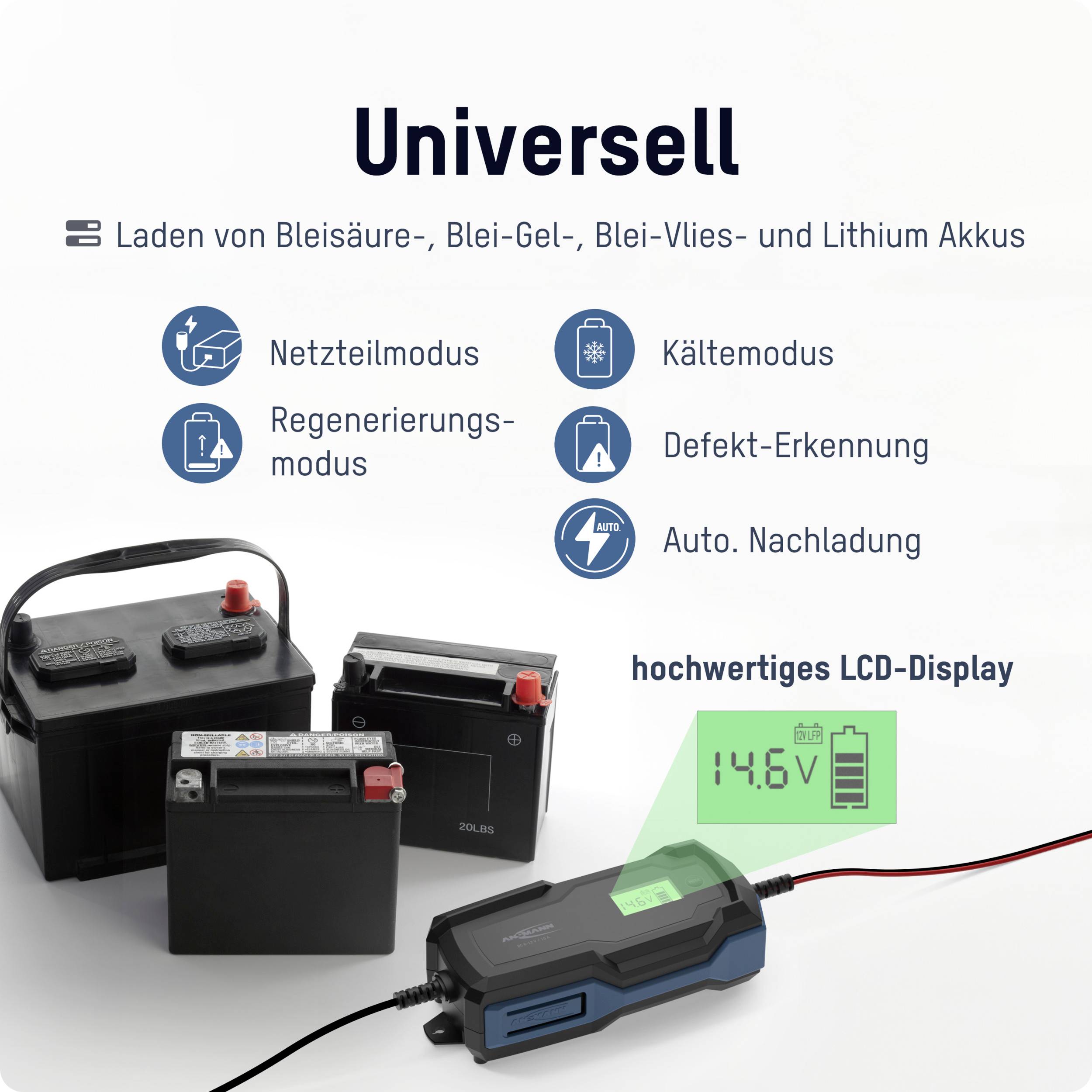 Univerzální: Nabíjení olověných, gelových, absorpčních a lithiových akumulátorů. Vysoce kvalitní LCD displej zobrazuje stav nabití.