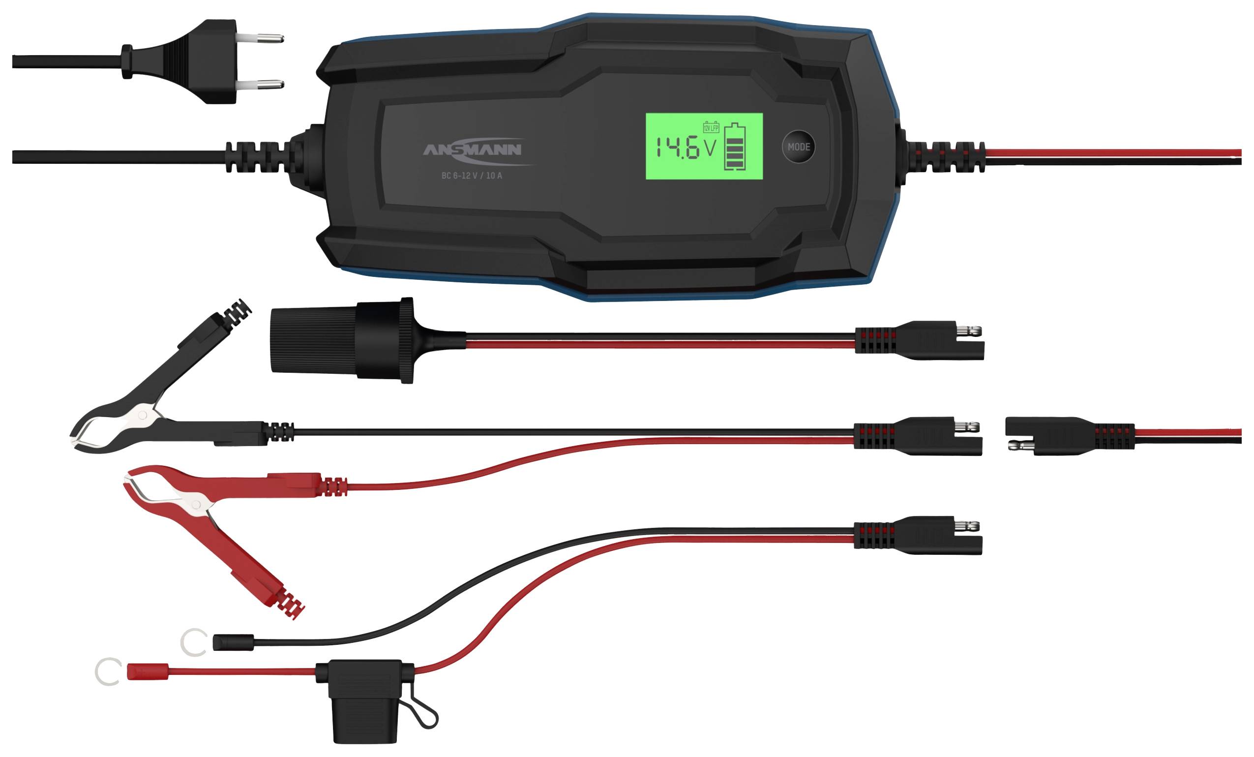 Nabíječka baterií s LCD displejem zobrazuje '14.6V'. K dispozici jsou různé konektory a kabely pro různé bateriové systémy.
