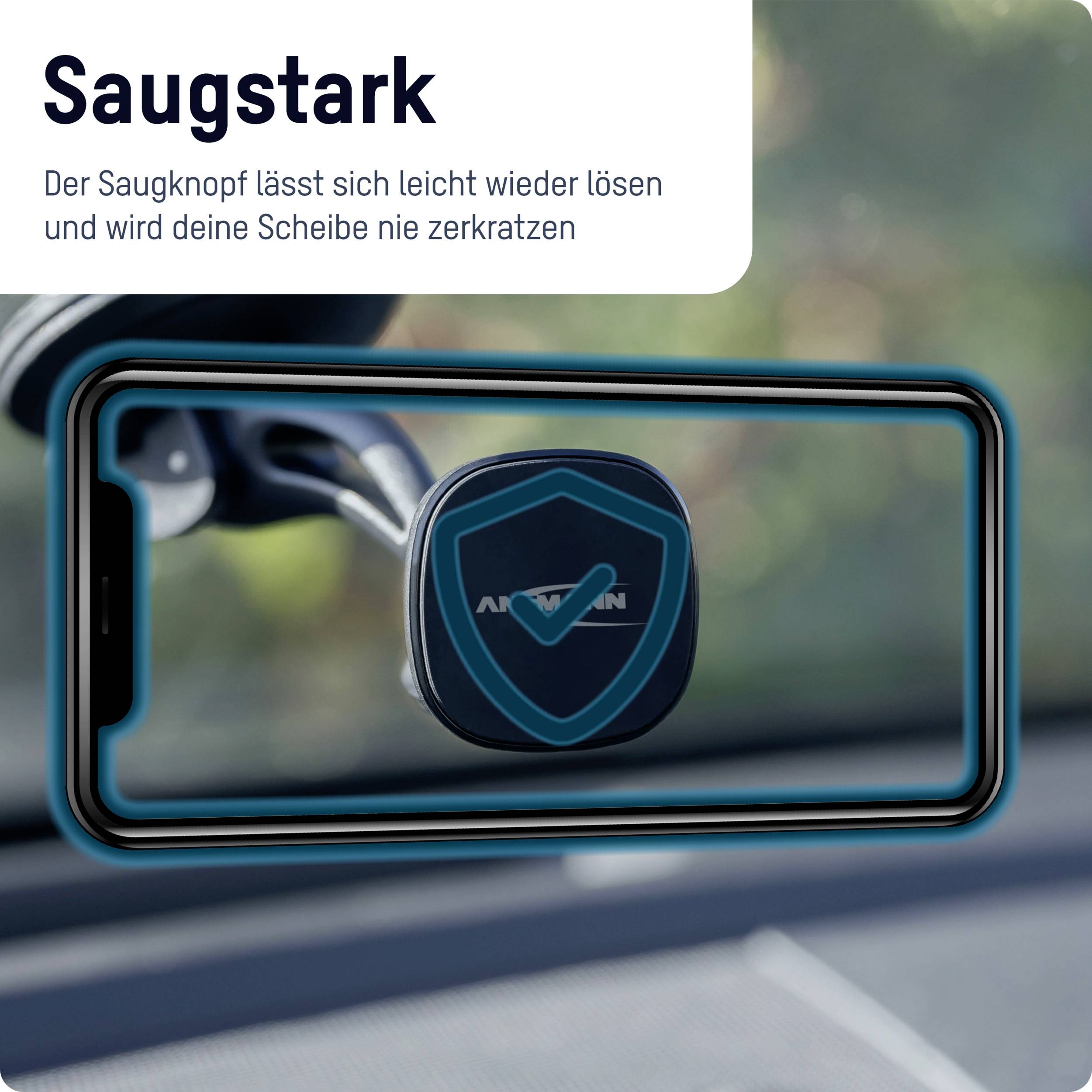 Držák mobilního telefonu s výkonnou přísavkou je upevněn na autoskle. Text 'Saugstark' zdůrazňuje snadné odpojení.
