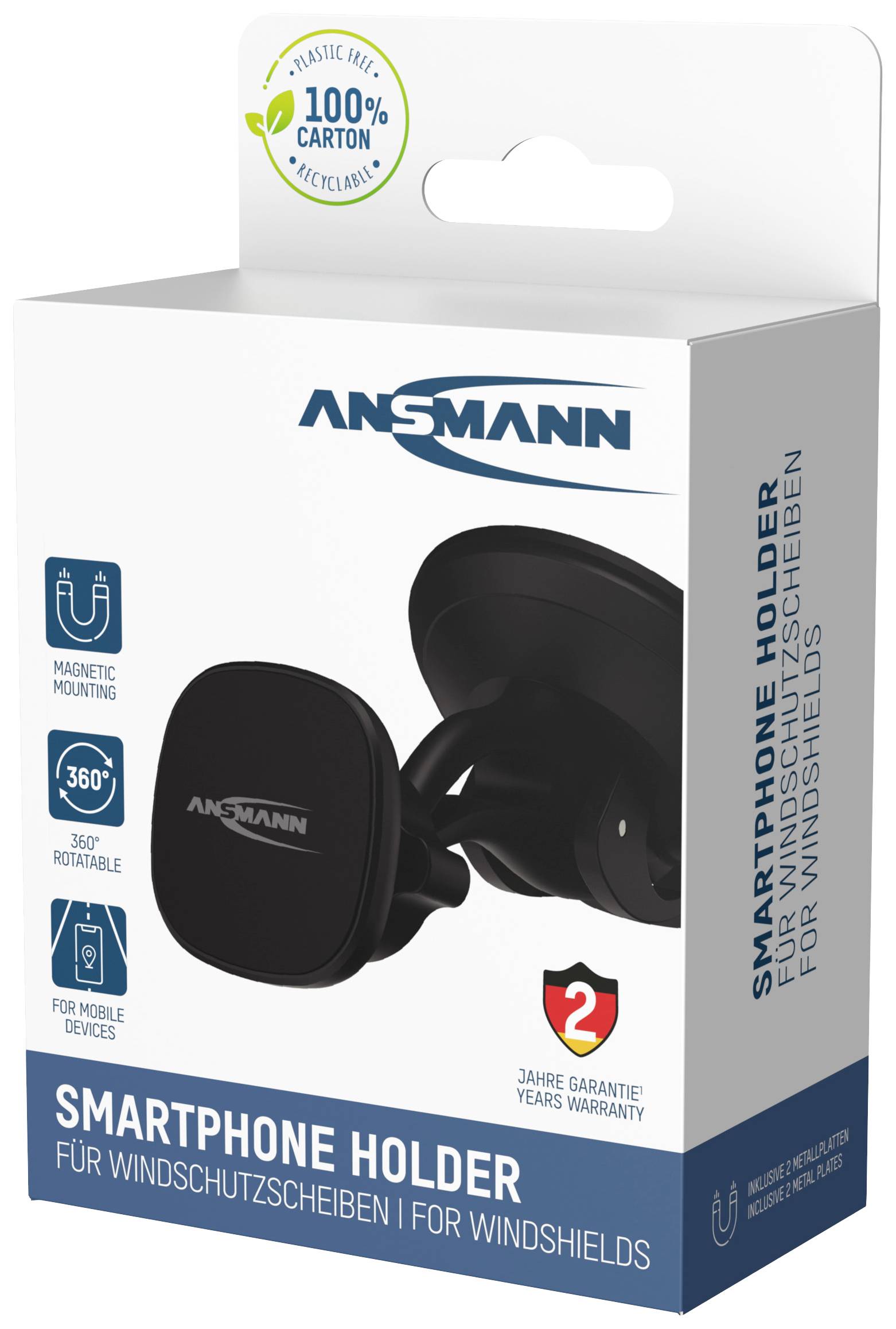 Držák smartphonu na čelní sklo od ANSMANN, 100% recyklovatelný karton, otočný o 360°, magnetické upevnění, 3letá záruka.