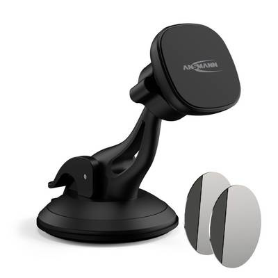 Černý držák na mobilní telefon s nastavitelným ramenem a přísavkou. Obsahuje dvě kulaté magnetické destičky pro upevnění na zařízení.