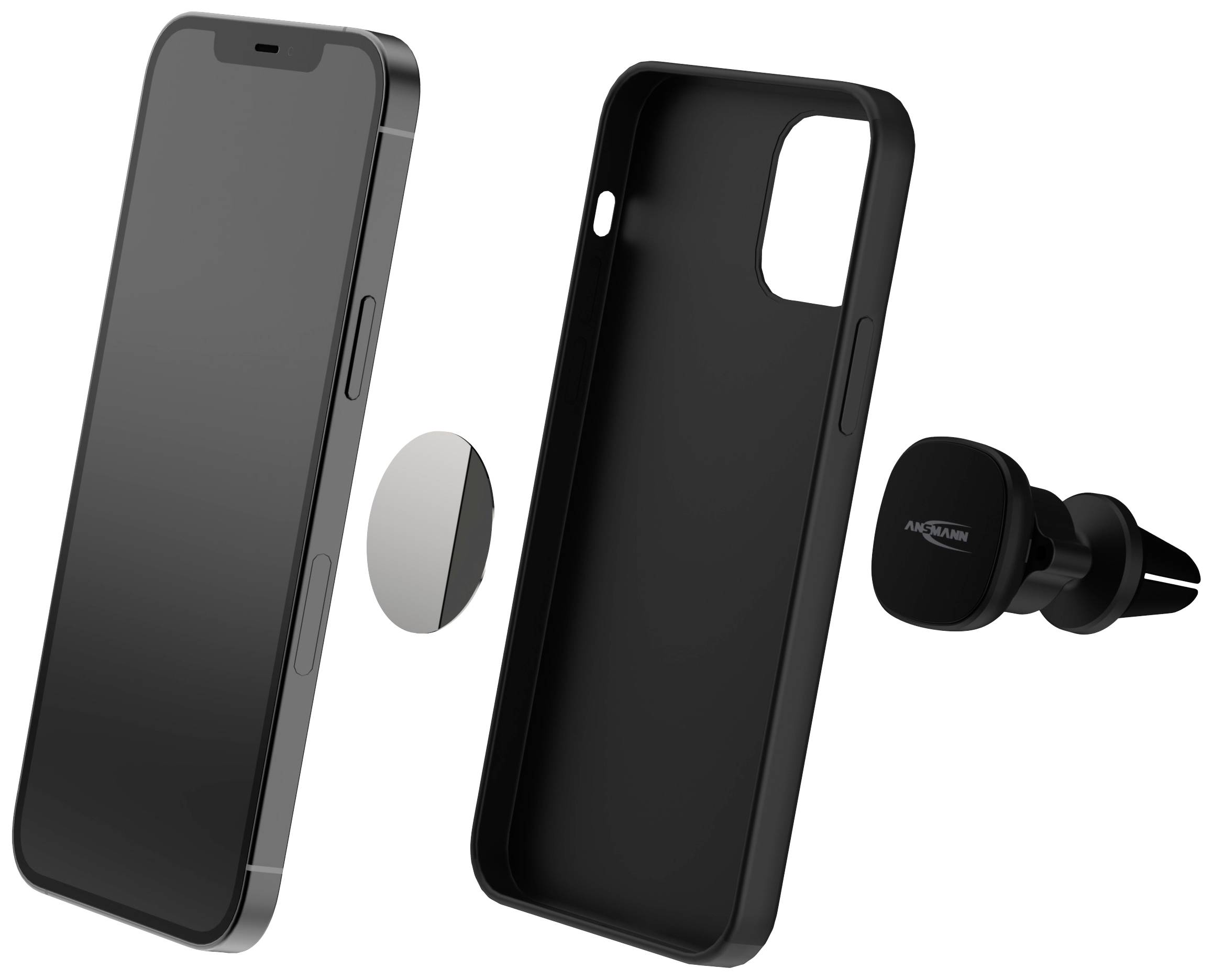 Smartphone s černým krytem, magnetickým prstencem a držákem do auta. Znázorňuje sestavu těchto komponentů.