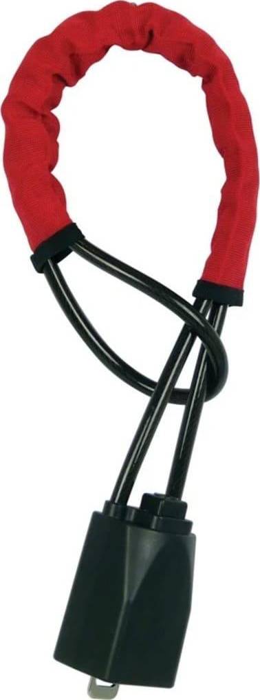 Červený bezpečnostní kabel s černým zámkem, vhodný pro zabezpečení jízdních kol nebo motocyklů.