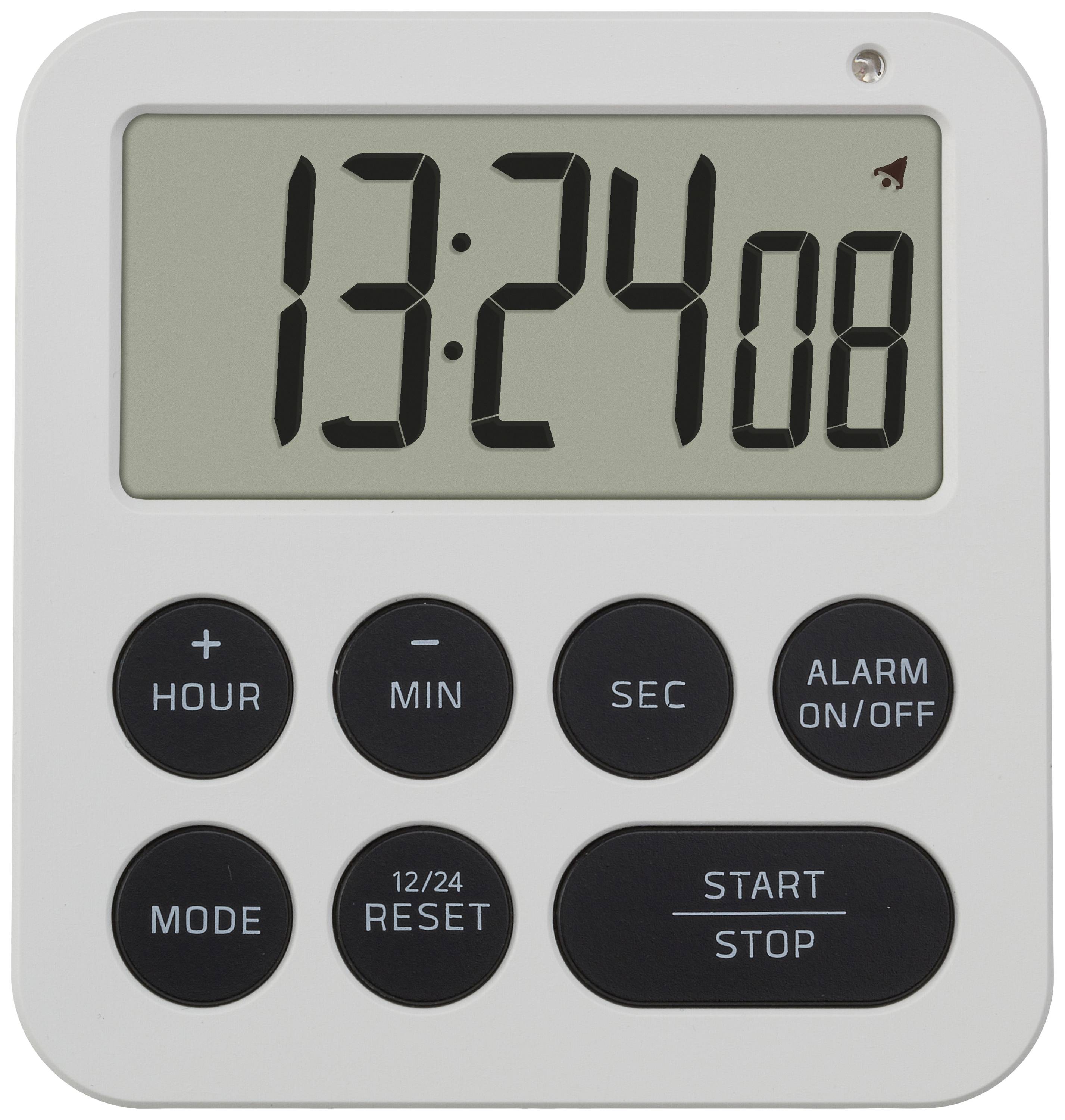 Bílý digitální kuchyňský časovač ukazuje '13:24:08'. Má tlačítka pro hodiny, minuty, sekundy, alarm, start/stop a režim.