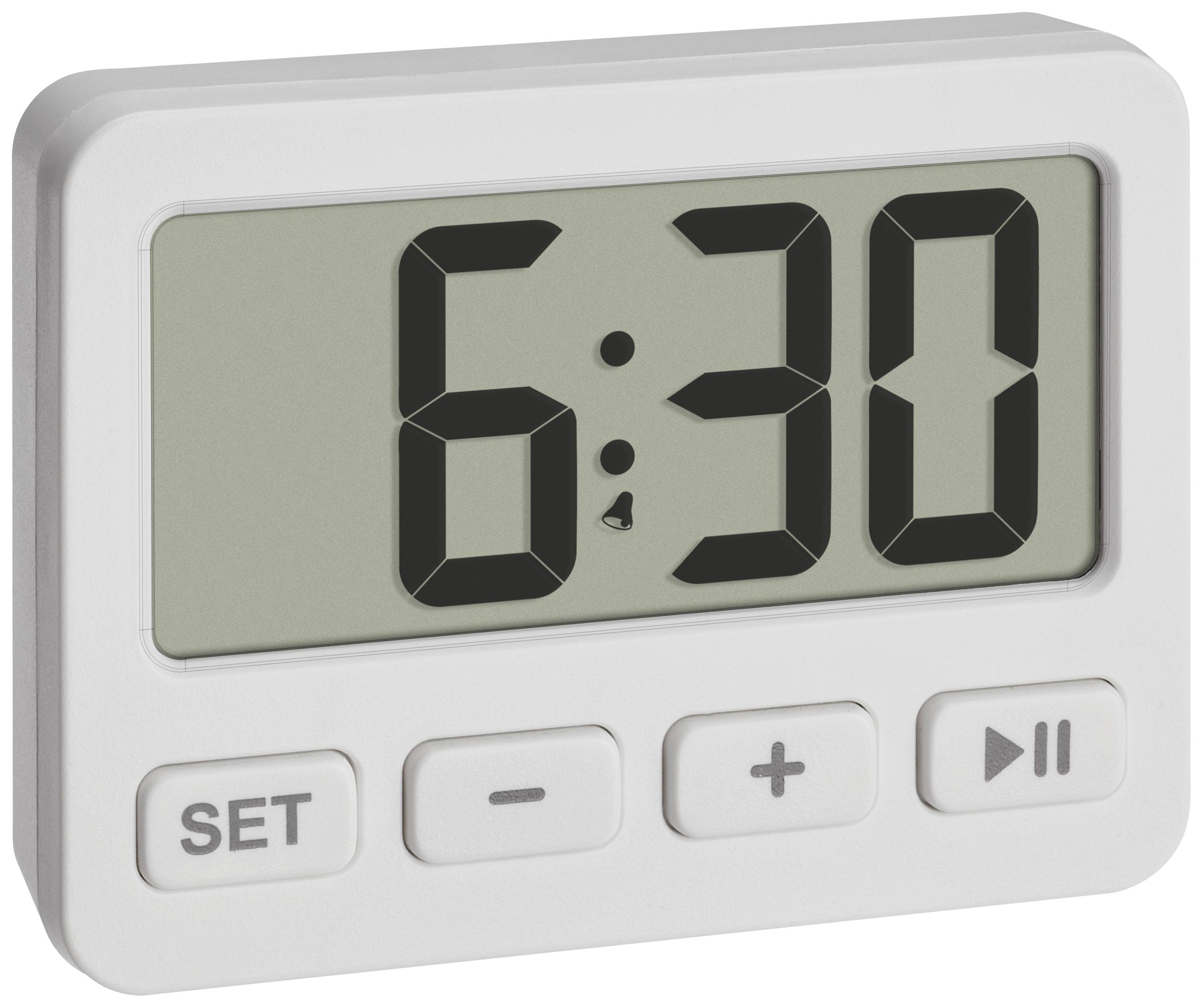 Digitální časovač s modrým displejem ukazuje '6:30'. Pod ním jsou tři tlačítka: 'NASTAVIT', mínus, plus a symbol přehrávání.