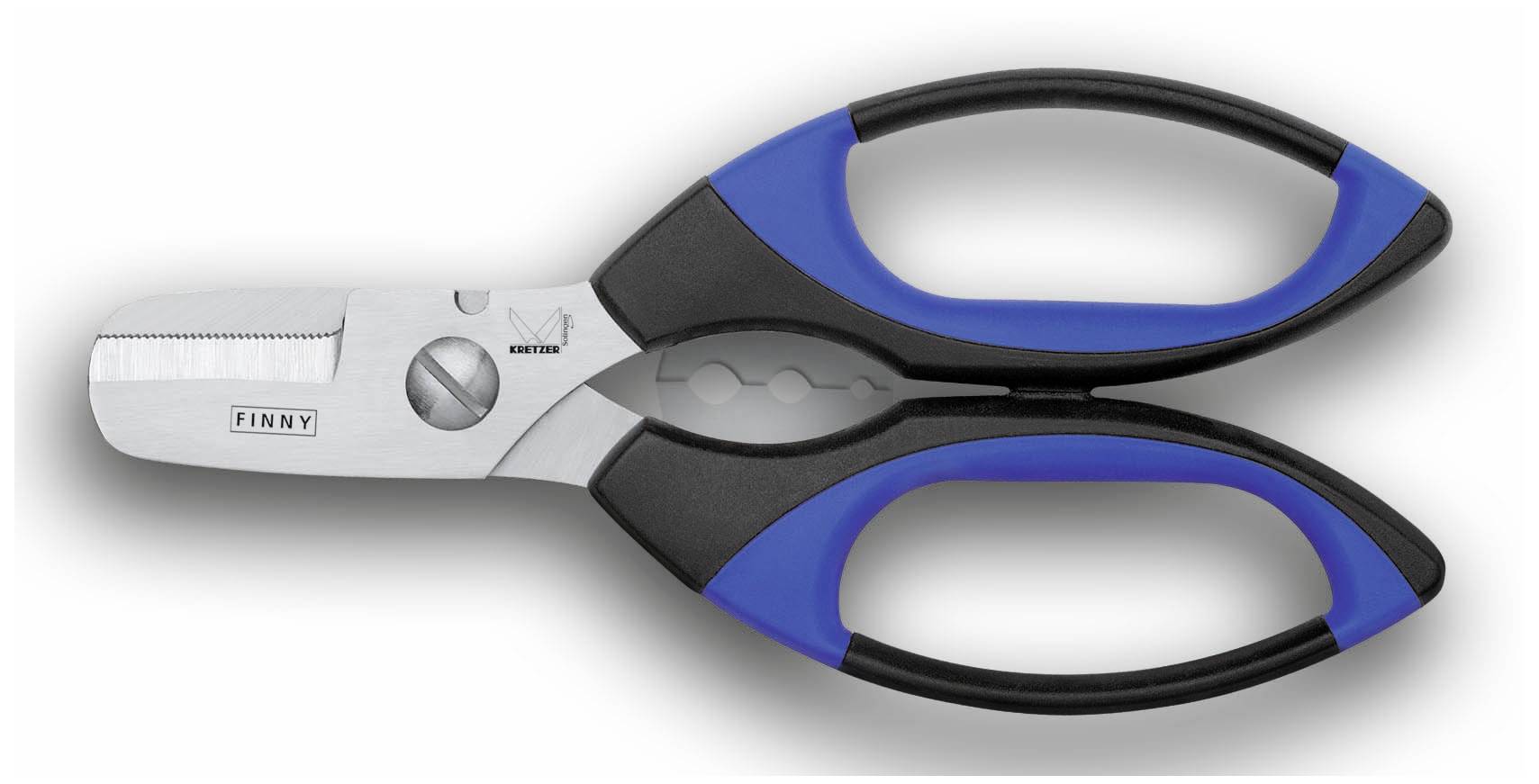 Stříbrné a modré nůžky s velkými ergonomickými rukojeťmi pro pohodlné zacházení. Hodí se ke stříhání pevných materiálů.