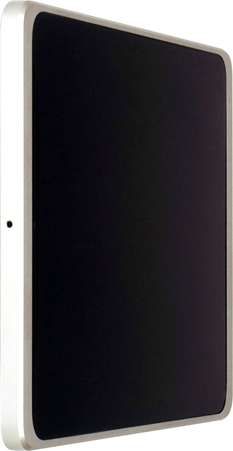Obdélníkový, tmavý tablet se stříbrným rámečkem stojí ve svislé poloze. Má moderní a minimalistický vzhled.