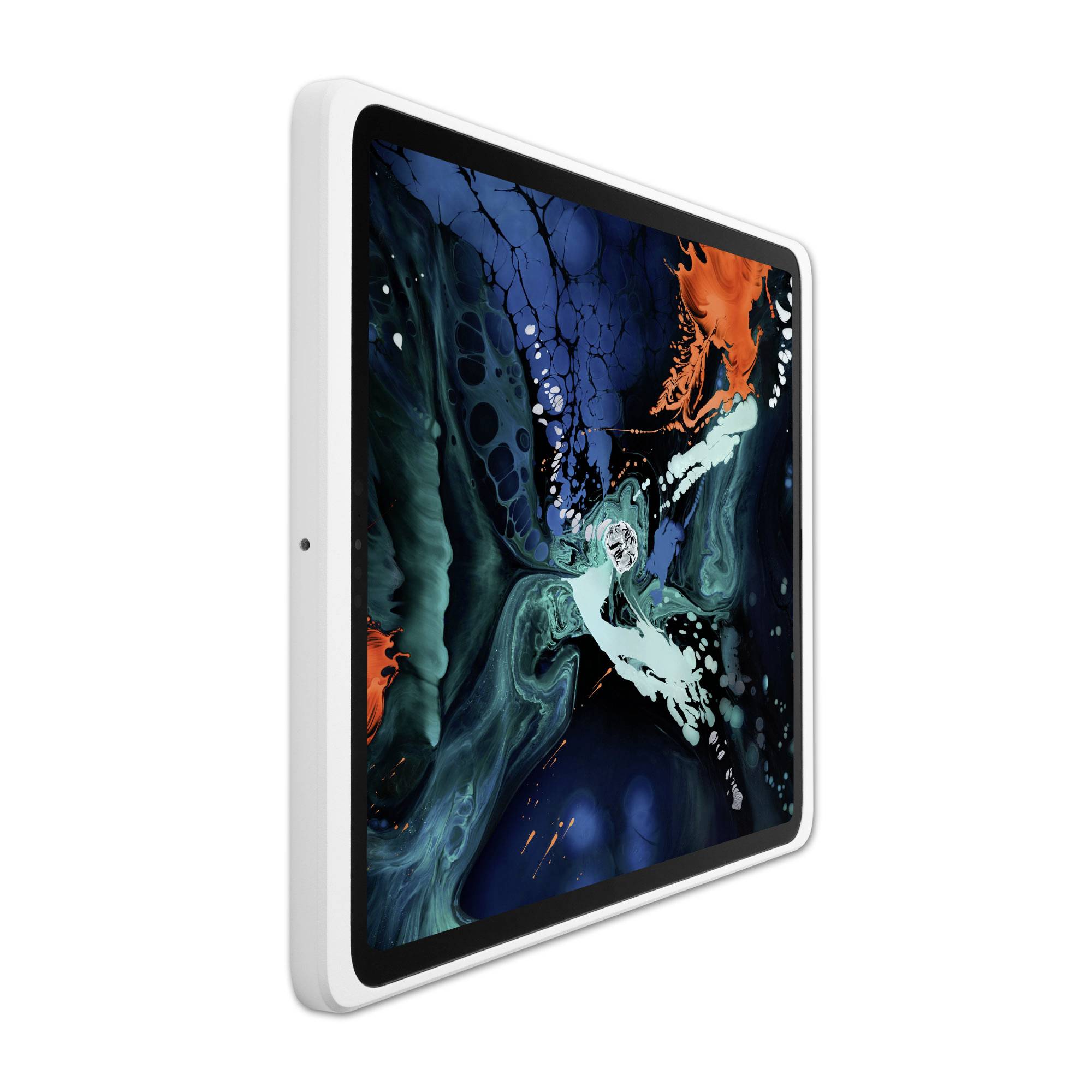 Tablet s barevným abstraktním pozadím na obrazovce. Zařízení má bílý rámeček a je zobrazeno z profilu.