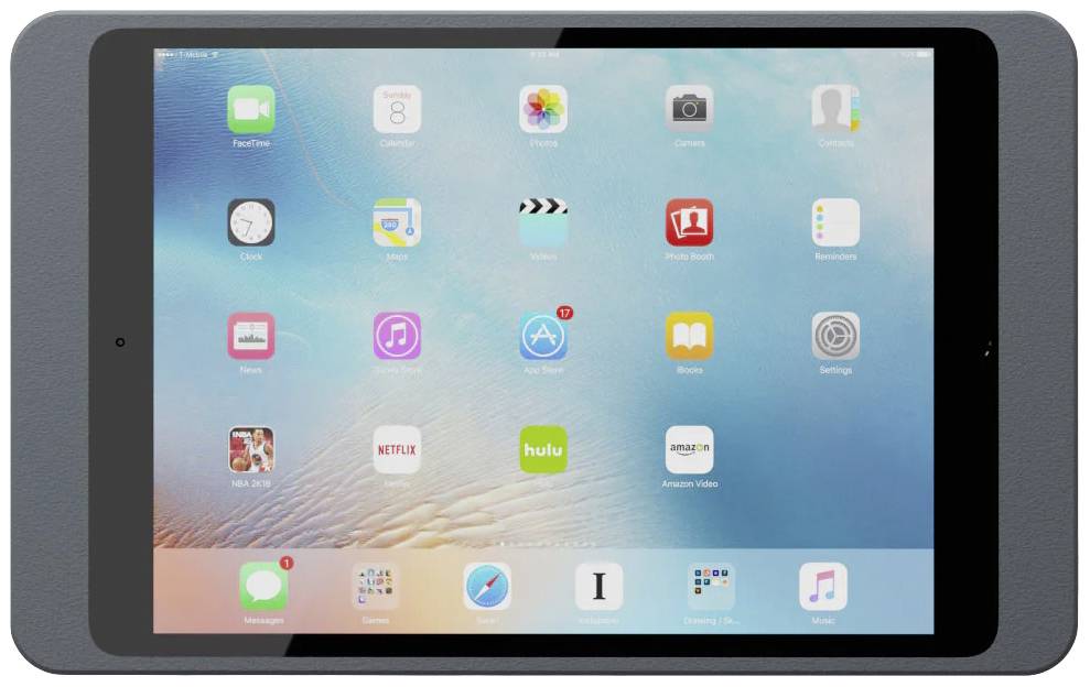 Tablet s barevným displejem, na kterém je zobrazeno několik ikon aplikací, jako jsou Safari, Mail a Fotky. Na pozadí je abstraktní design.