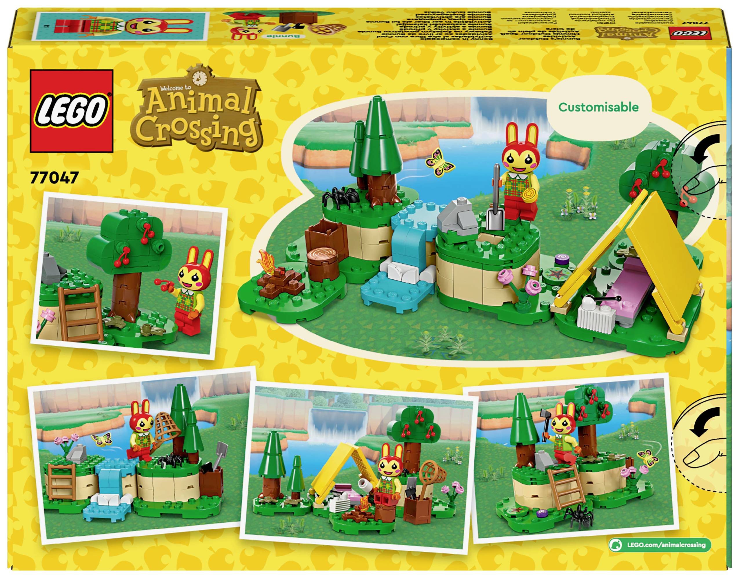 LEGO sada 'Animal Crossing' zobrazuje lesní scénu s stanem, stromem, figurkami a příslušenstvím. Nahoře vpravo je vytištěno 'Customisable'.