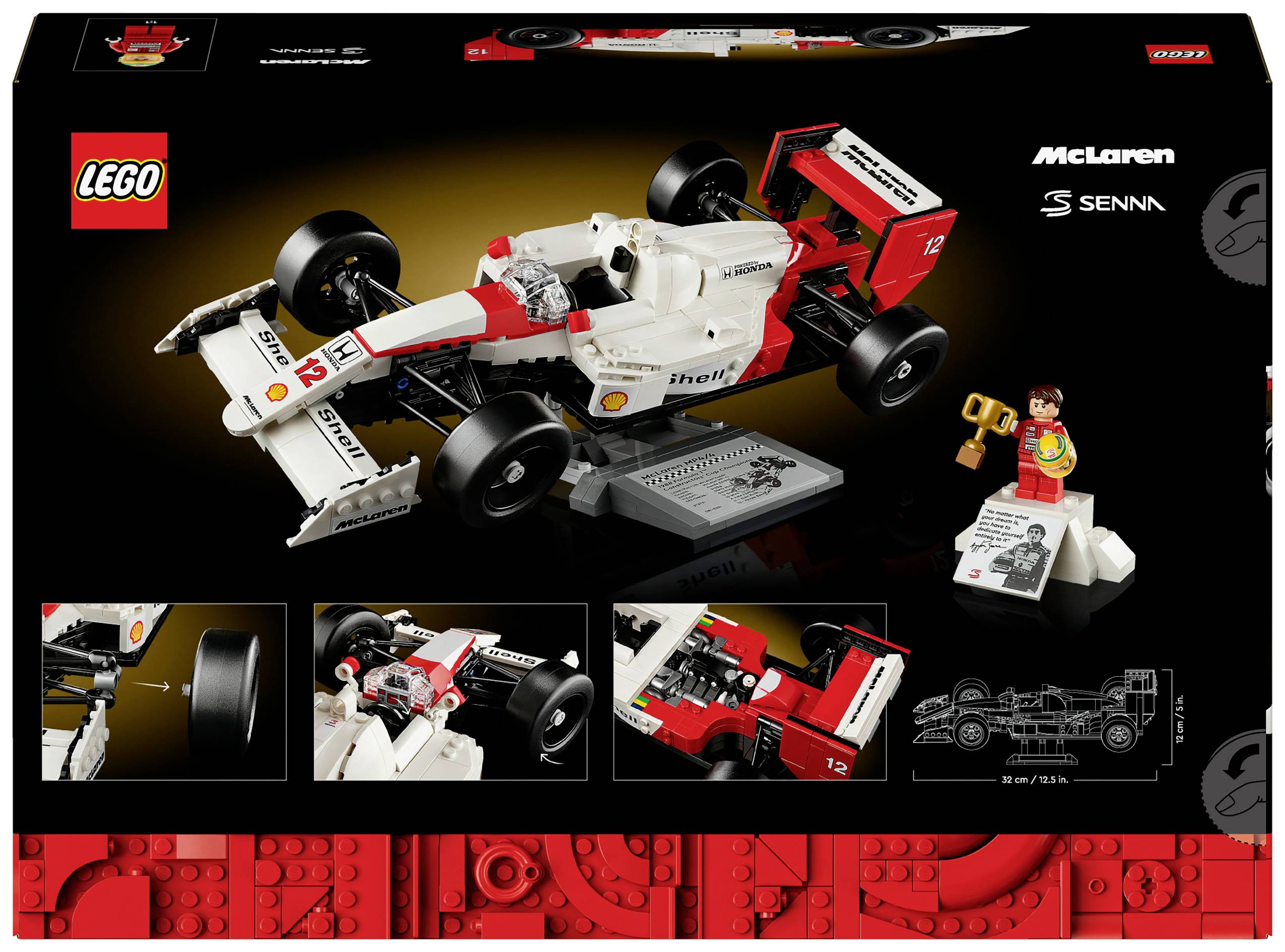 Stavebnice LEGO McLaren Senna Formula 1, obsahující minifigurku. Zahrnuje červené a bílé díly a detaily vozidla.