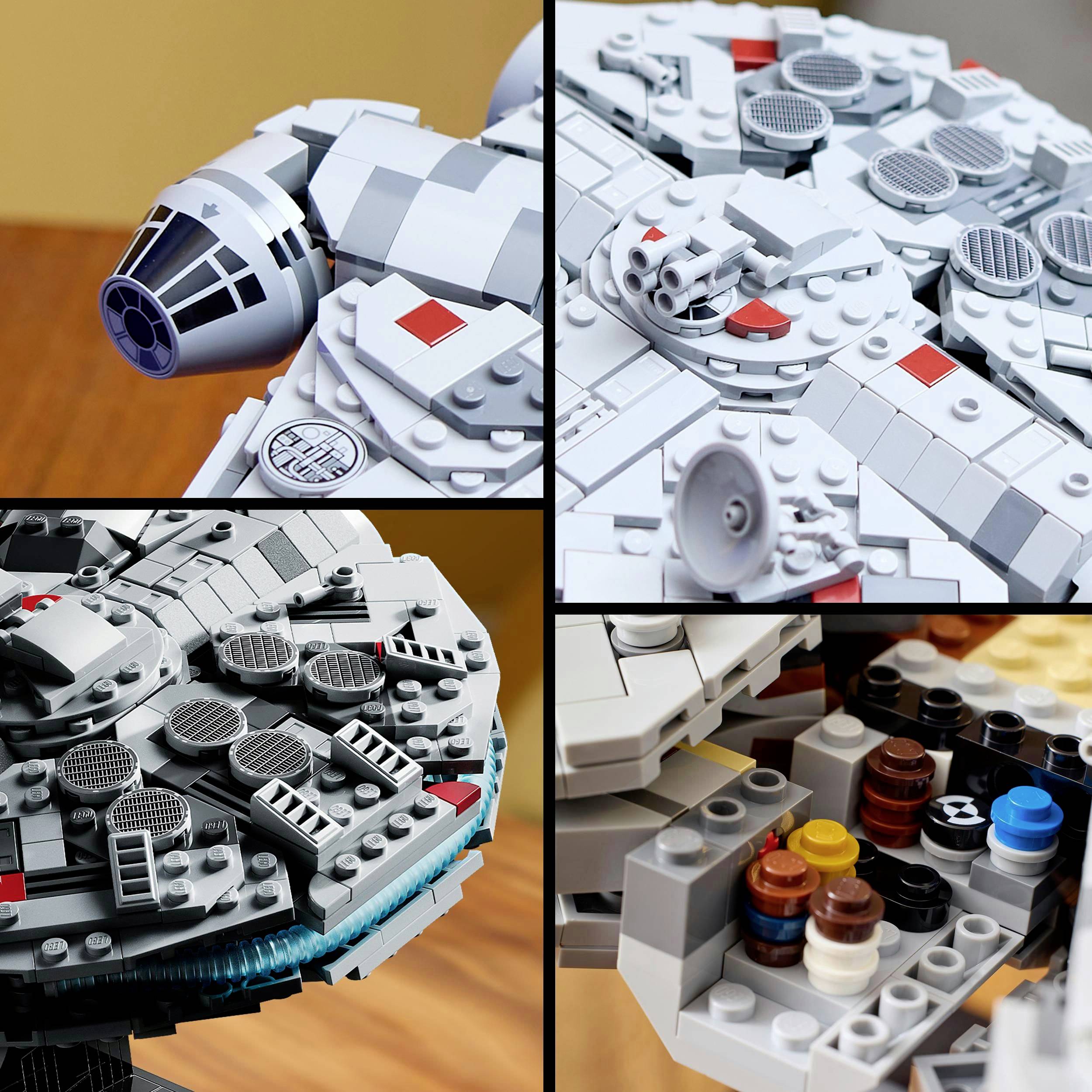 LEGO modely kosmické lodi fotografované ze čtyř různých úhlů zdůrazňují preciznost konstrukčního zpracování.