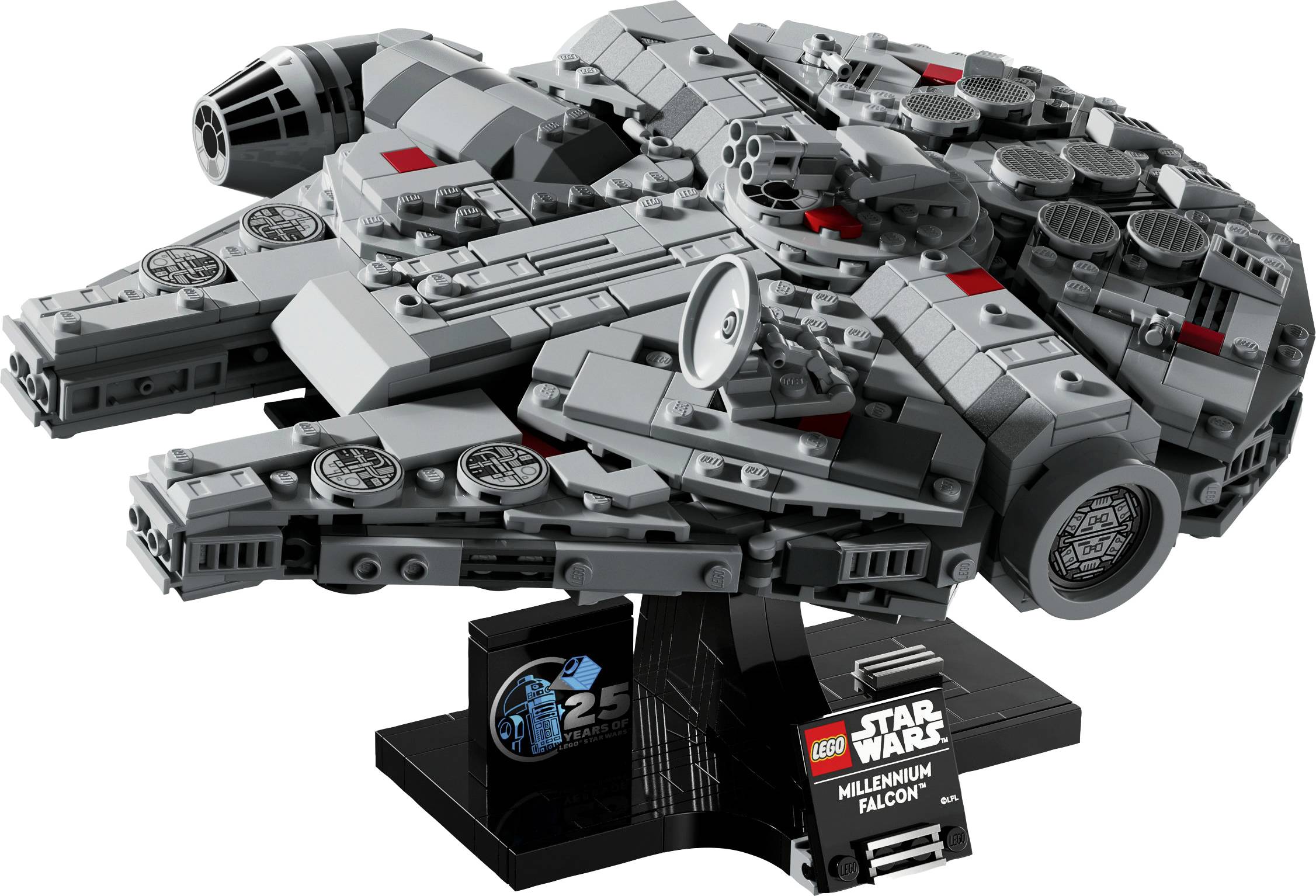 Model Millennium Falconu z filmu 'Star Wars' od LEGA, umístěný na černém podstavci s logem a popiskem.