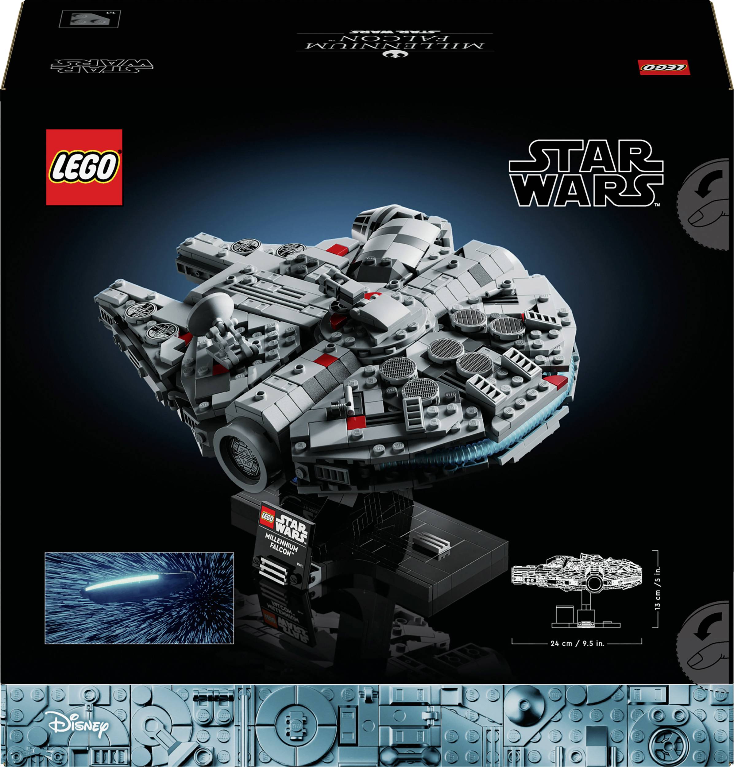 LEGO Star Wars Millennium Falcon Set. Krabice zobrazuje model a fotografie vesmírné lodi spolu s logy LEGO a Star Wars. Sada obsahuje 295 dílků.