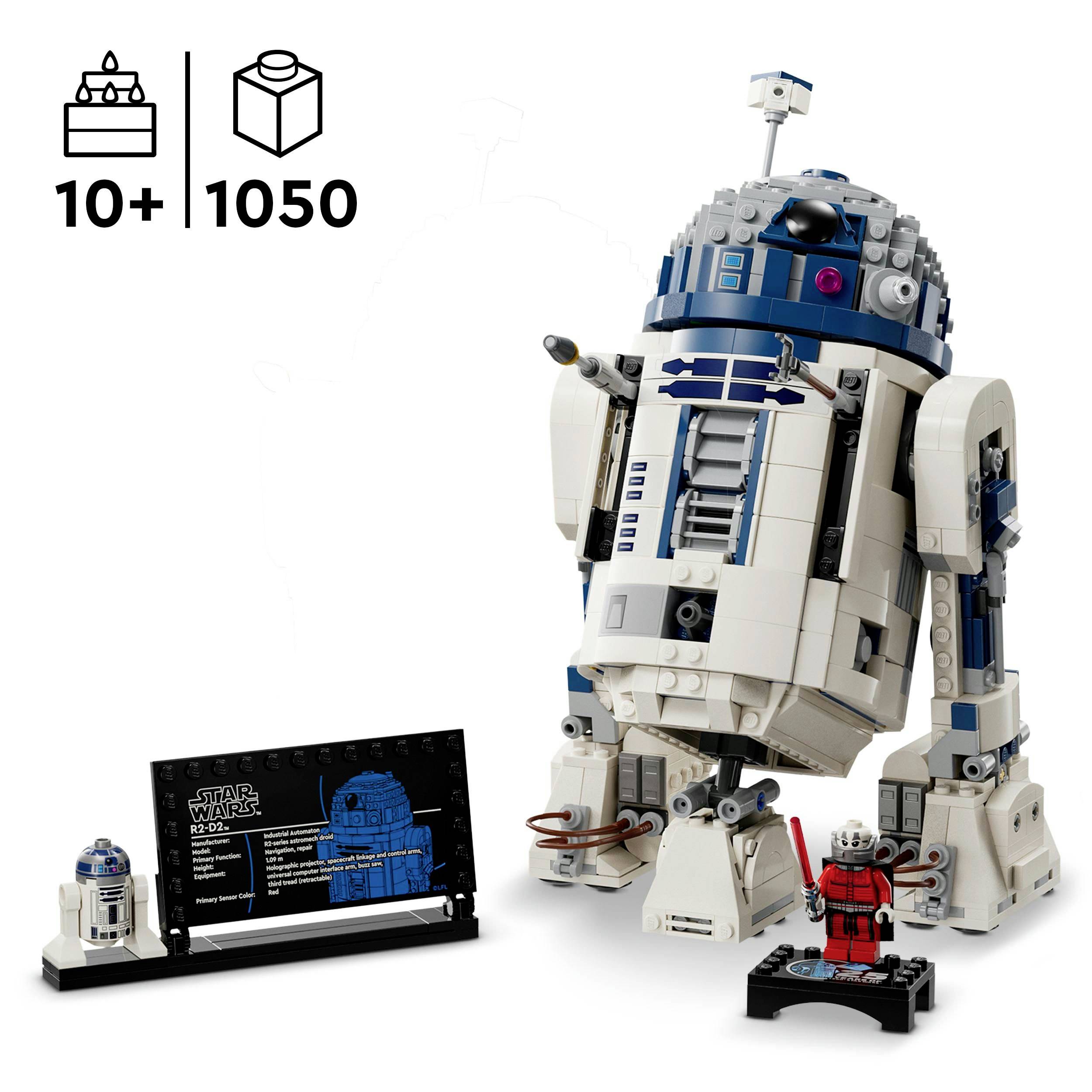 Lego stavebnice R2-D2 ze Star Wars, sestávající z 1050 dílků. Vhodná pro osoby starší 10 let. Obsahuje informační tabulku a minifigurku.