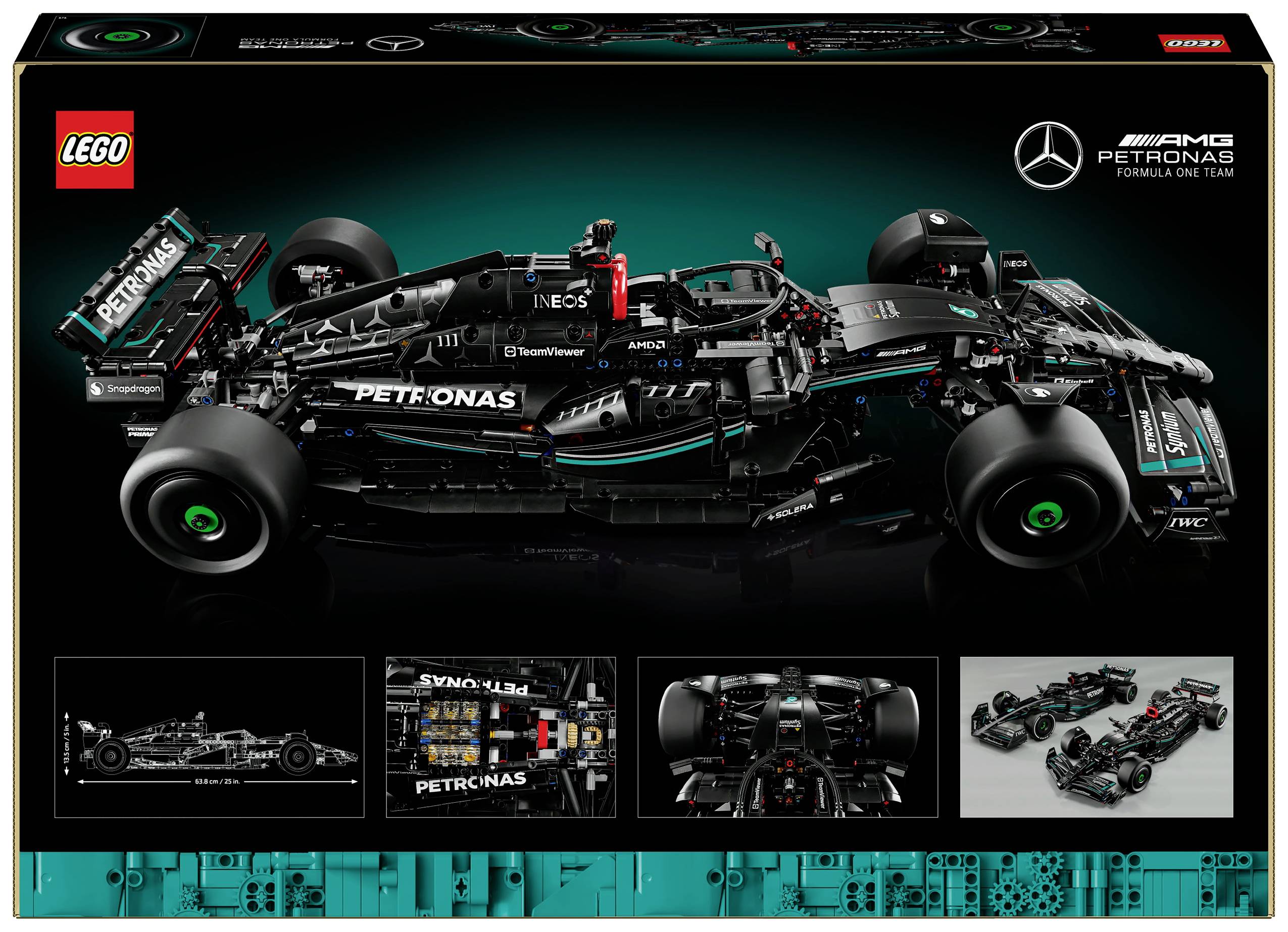LEGO sada s modelem formule 1 týmu Mercedes-AMG Petronas, vyobrazený v černé a tyrkysové barvě na obalu.