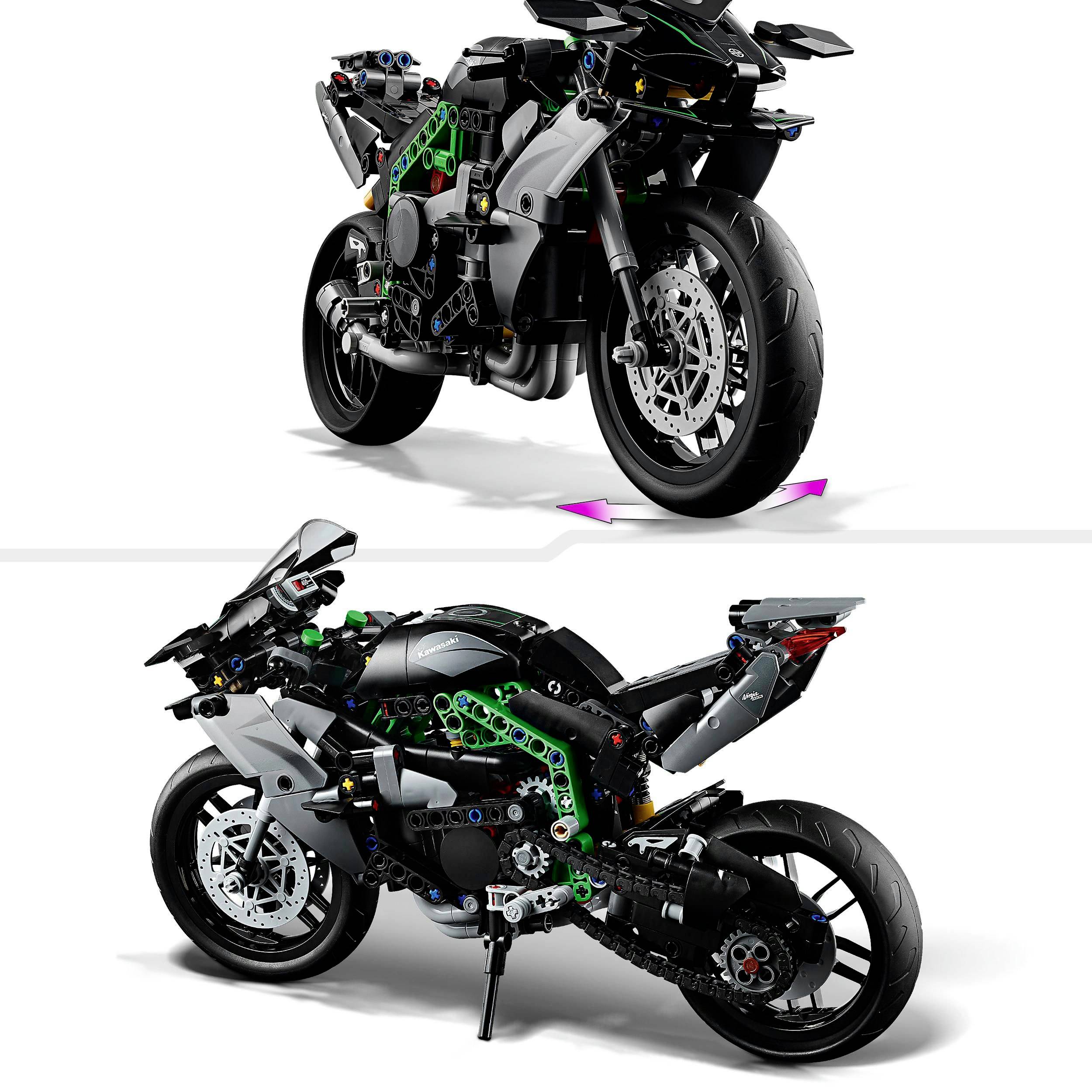 Konstrukční sada pro detailní technický model motocyklu v šedé, černé a zelené barvě s pohyblivými prvky.