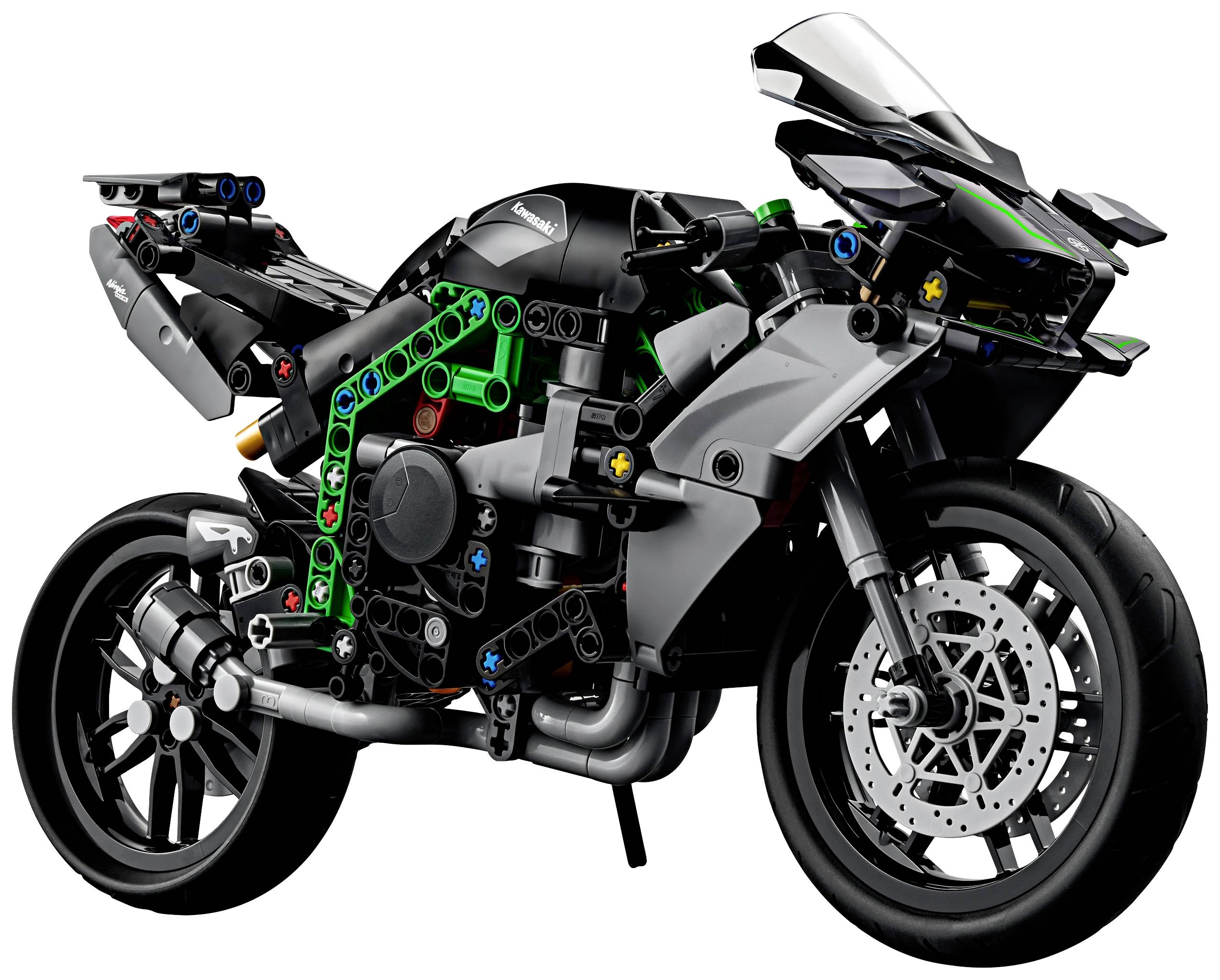 Miniaturní model sportovní motorky složený z dílků LEGO Technic s bohatou škálou detailů, včetně kol, motoru a řídítek.
