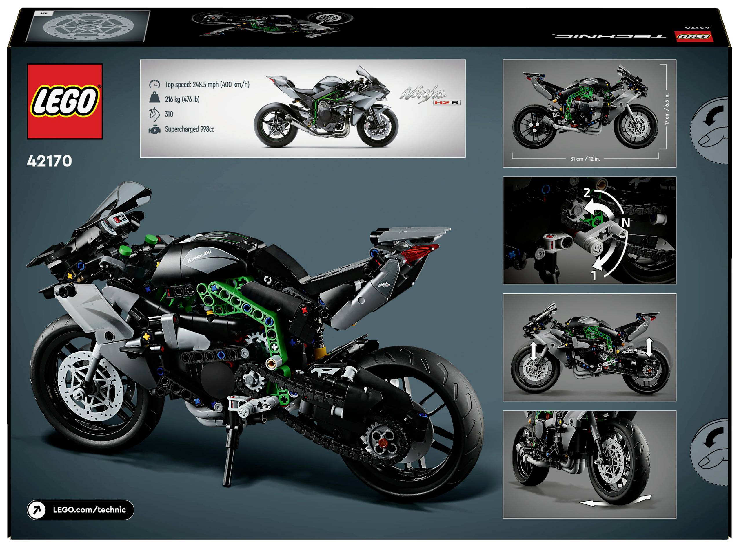 Lego Technic stavebnice motocyklu 'Kawasaki Ninja H2R' na obalu. Obsahuje detaily jako maximální rychlost, výkon motoru a kompresor.