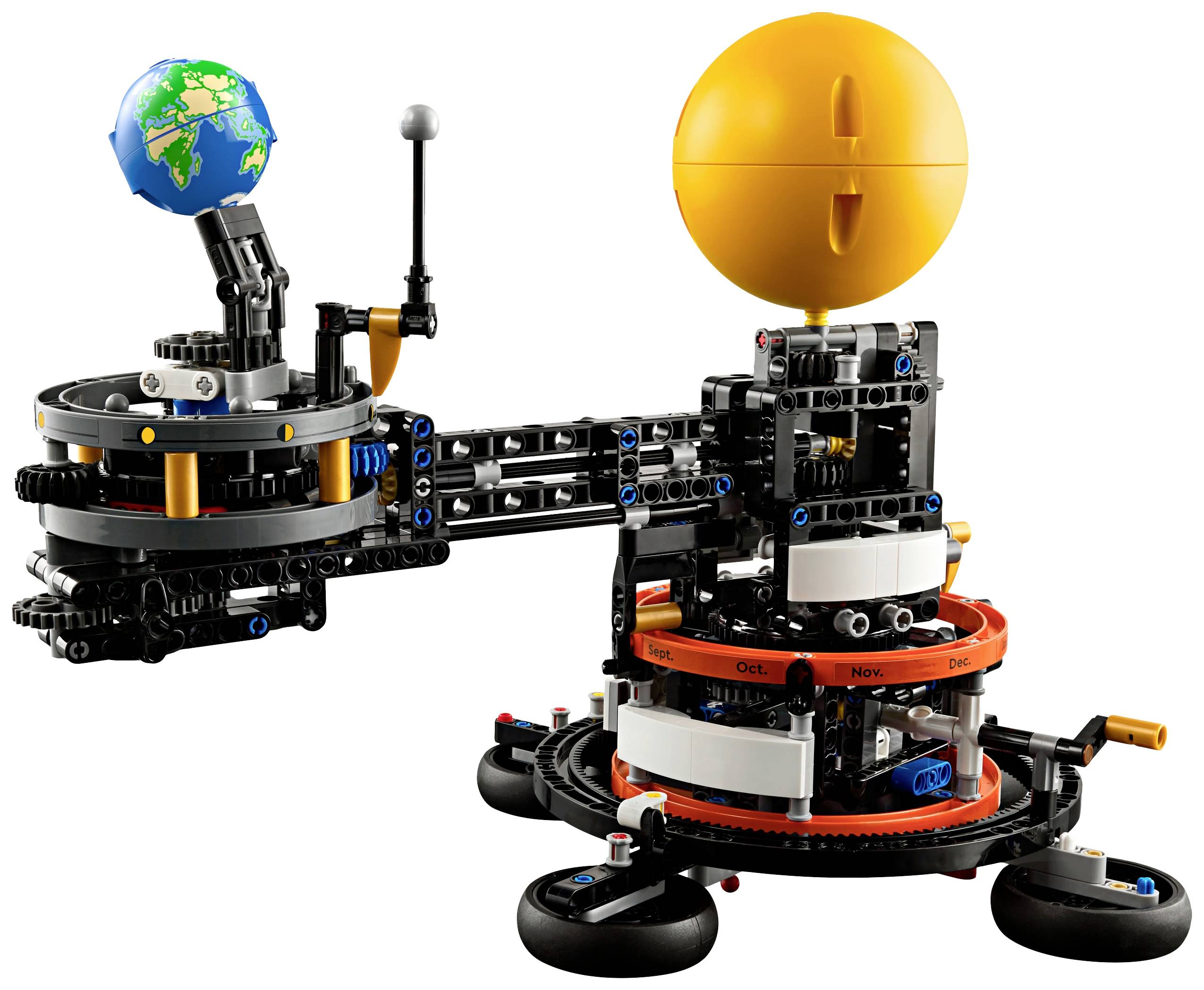 LEGO sada zobrazuje mechanický model sluneční soustavy se Zemí, Sluncem a orbitální mechanikou drah.