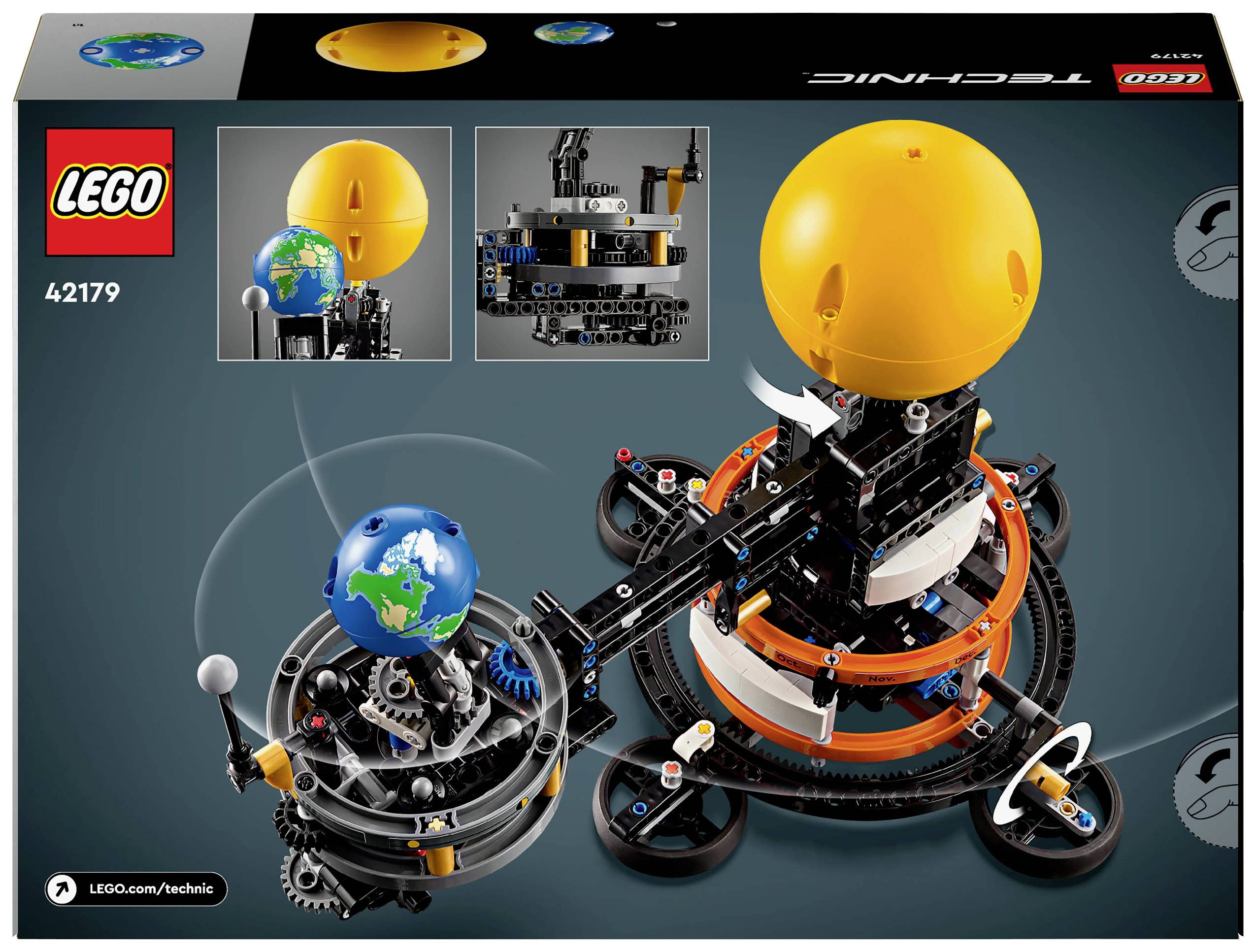 LEGO Technic Sada 42179: Astronomický model s rotující Zemí a Měsícem, žlutou kouli představující Slunce, zobrazeno na obalu.