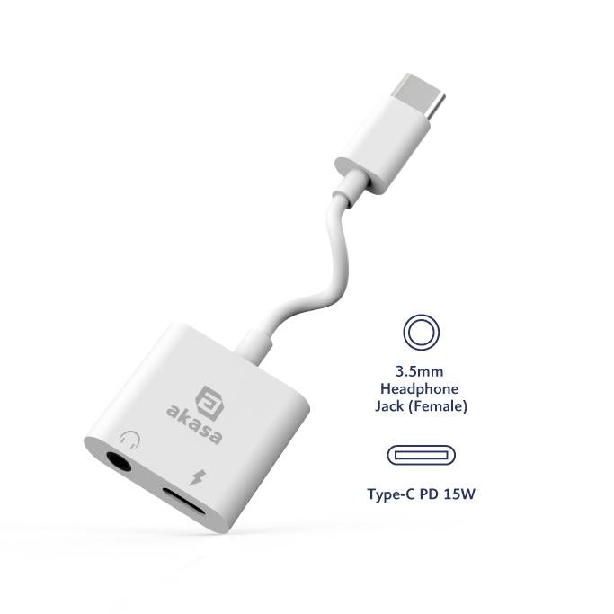 Bílý adaptér s USB-C konektorem vlevo, 3,5mm zdířkou pro sluchátka a USB-C portem vpravo. Text: „3,5mm konektor pro sluchátka (samice)", „Type-C PD 15W".