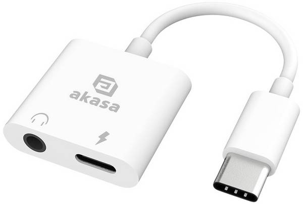 Akasa USB-C®, audio adaptér [1x USB-C® - 1x Sluchátka (konektor 3,5 mm), USB-C® zásuvka (nabíjení)] AK-CBCA30-08WH 8 cm s nabíjecí zásuvkou