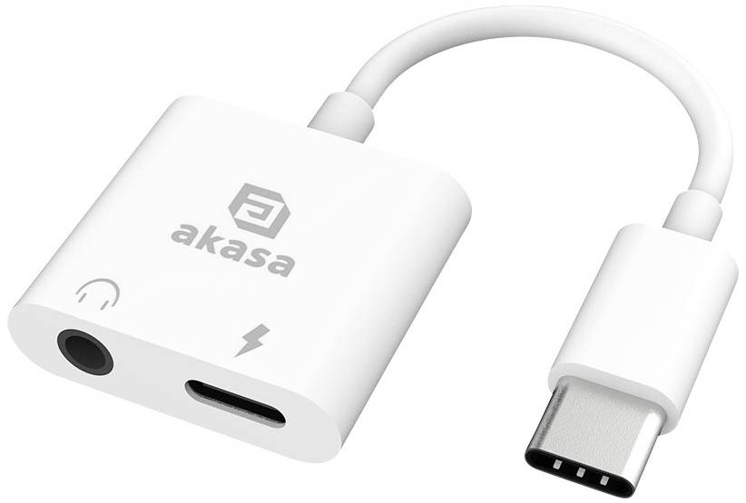 Bílý USB-C adaptér od společnosti Akasa s konektory pro sluchátka a USB-C, vhodný pro připojení audio zařízení k moderním přístrojům.