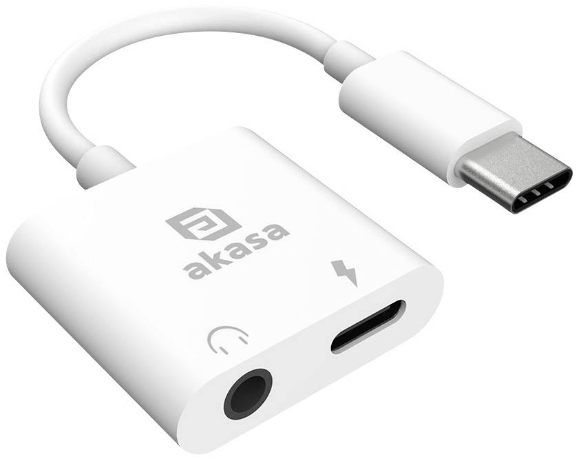 Bílý USB-C adaptér s konektory pro sluchátka a nabíječku. Na povrchu je vytištěn název značky 'akasa'.