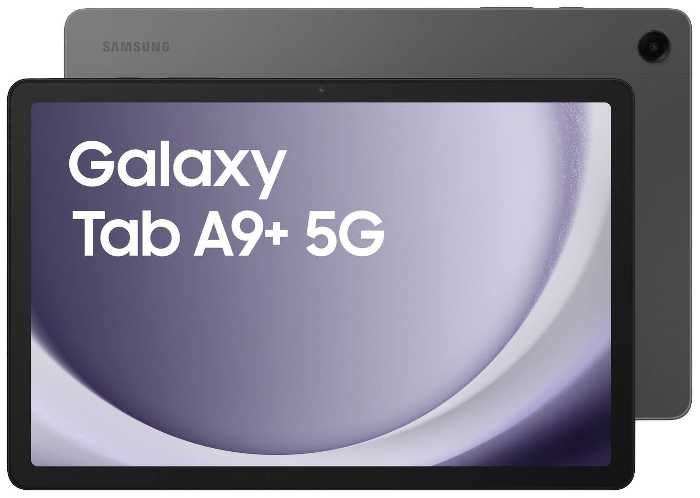 Samsung Galaxy Tab A9+ 5G tablet s černým tělem, který zobrazuje nápis 'Galaxy Tab A9+ 5G' na obrazovce.